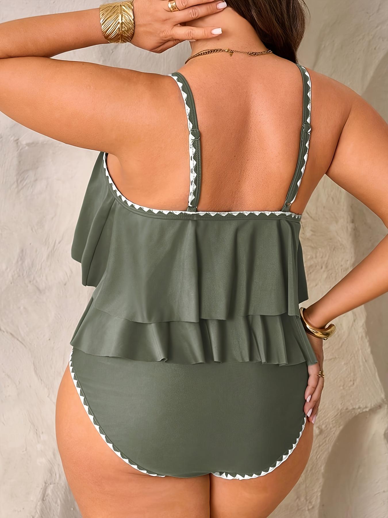 Women's Plus Size Fashion Elegant Slimming Backless Ruffle Two-Piece Tankini Swimsuits Set, Sexy Push Up Style Swimwear Set
