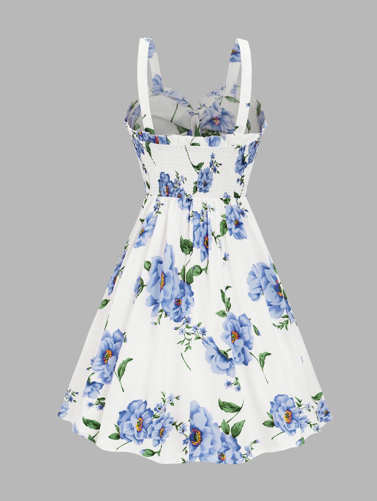 Women's Fashion Summer Dresses 2025 Floral Print Vacation Sundress Garden Party Dress Smock Back Ruffled Bowknot Mini Dress