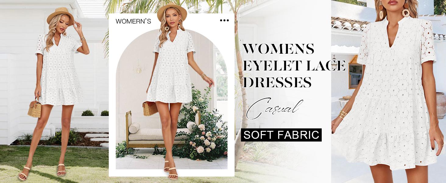 Wenrine Women’s Summer Lace Dresses Eyelet Casual Flowy Babydoll Swing Short Sleeve V Neck Tunic Dress