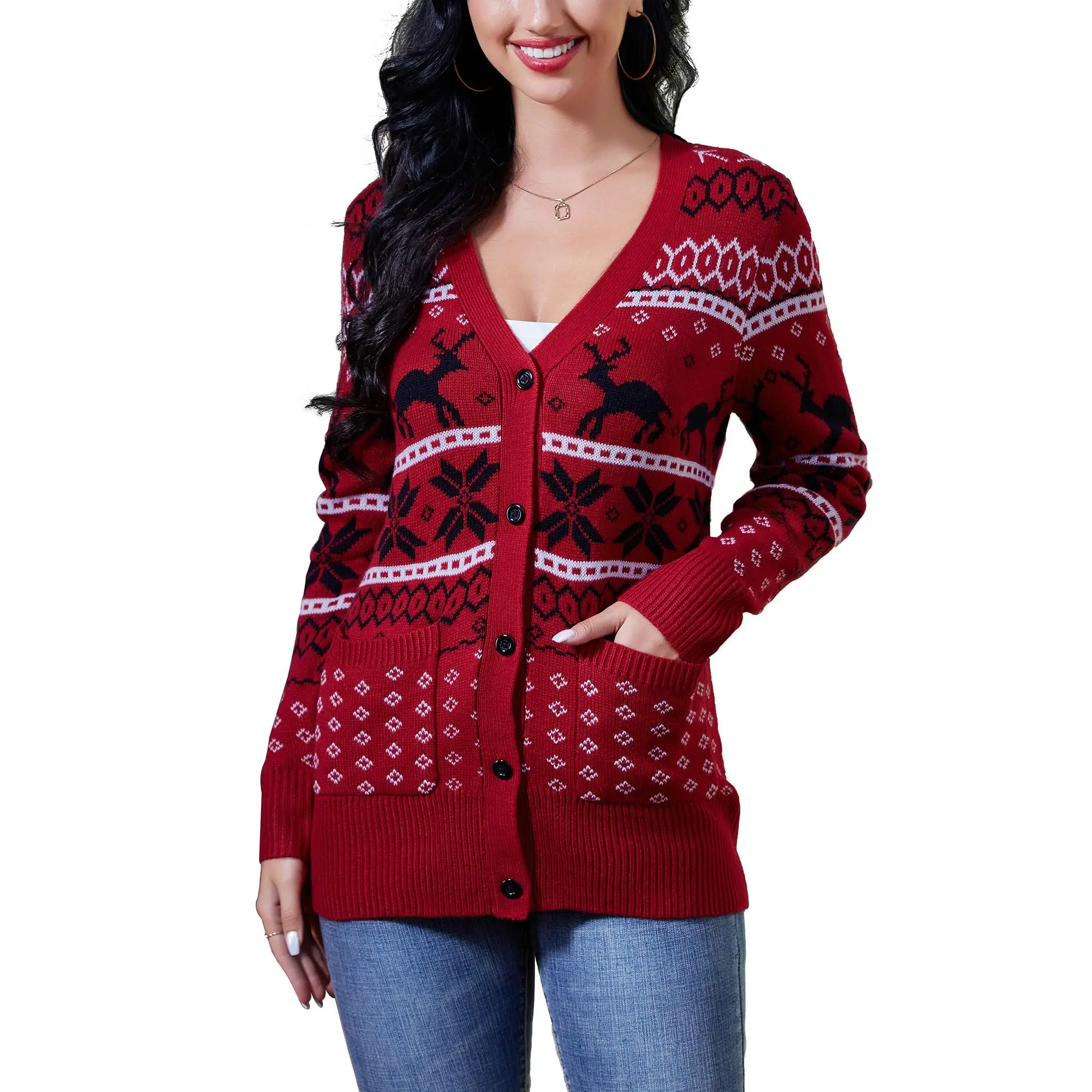 Women's Christmas Knit Cardigan Sweater - Button Down, Open Front, Long Sleeves, Holiday Wear, Knit Fabric, Ideal for Holiday Vacation (Red)