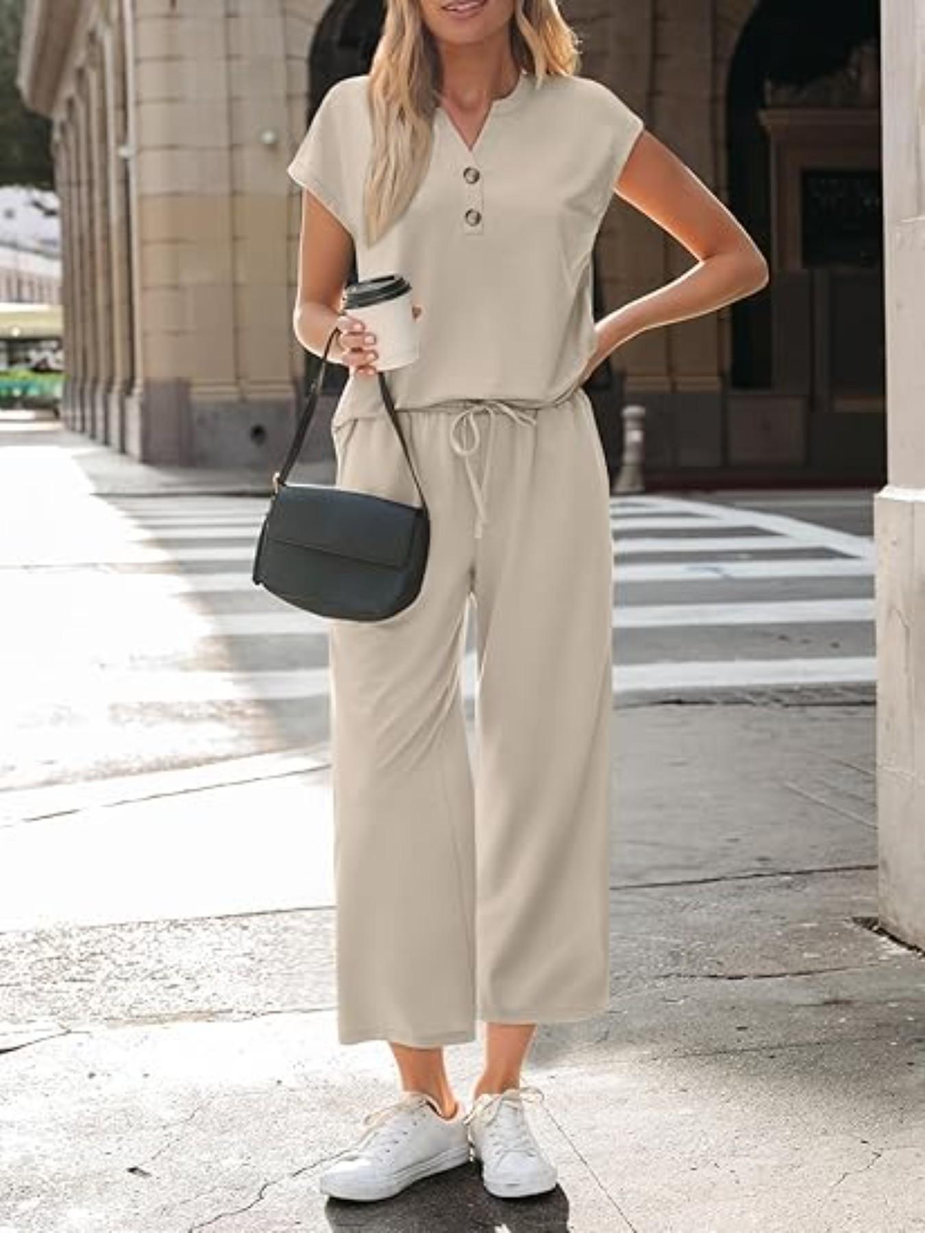 Women's Summer Casual 2-Piece Set, Short Sleeve Button Top & Elastic Waist Pants, Breathable Fabric, Home Wear, Daily