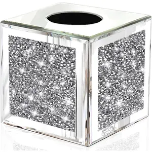 Square Mirrored Tissue Box Cover,Crystal Crushed Tissue Box,Silver Luxury Tissue Holders for Either Tissues in a or on a Table.(5.5"x5.5"x5.5")