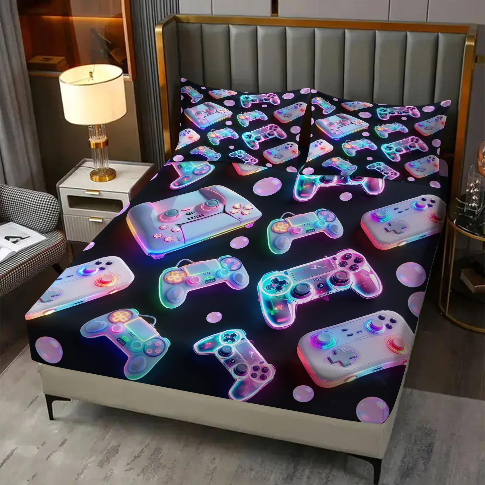 3-Piece Neon Game Controller Bed Set Fitted Sheet Set, Cyberpunk Style, Soft Skin-Friendly Fabric, Ideal for Gaming Rooms, Boys' Dorms, Comfortable & Stylish