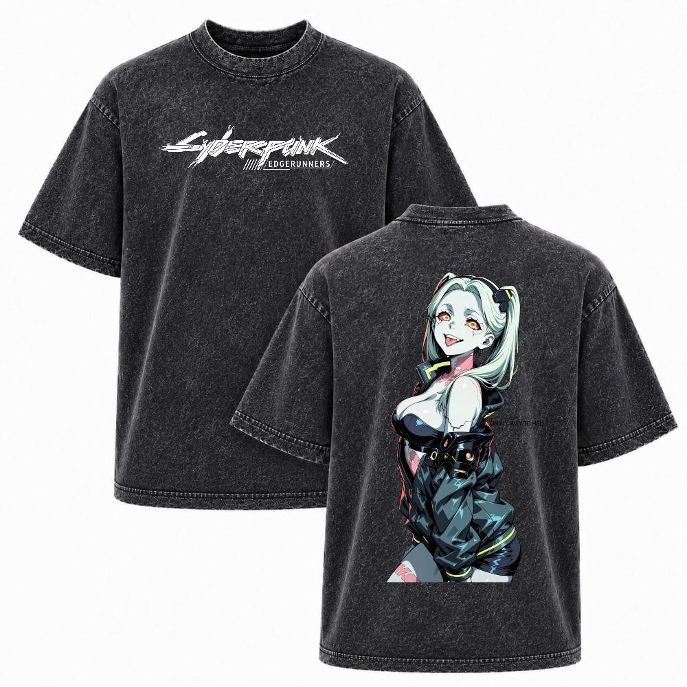 Men's Short-Sleeve Rebecca Cyberpunk: Edgerunners Anime Double-Printed Vintage Washed Oversize Heavyweight Cotton Unisex T-Shirt