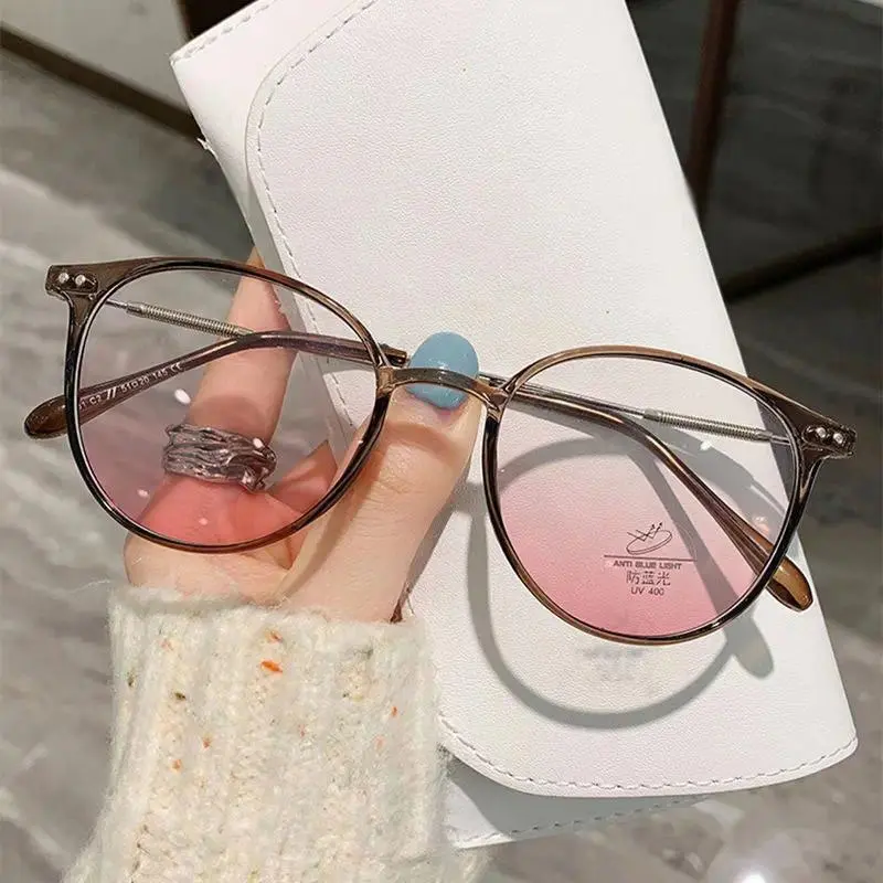 Anti-Blue Light Round Metal Frame Eyeglasses, Ultra-Light Blush & Cold Brown Korean Style Glasses, Anti-Radiation Anti-Fatigue Daily Eyewear
