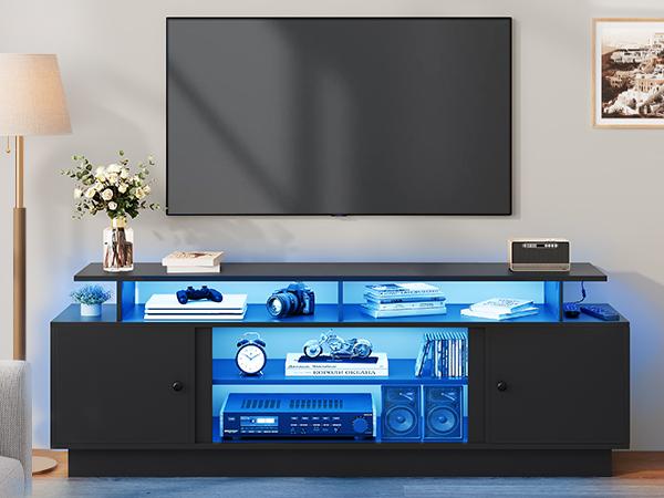 Yitahome Modern TV Stand for TVs Up to 75'', Entertainment Center with Light Strip, TV Shelf with Storage Cabinets & Movable Partition, TV Console for Living Room, 70 Inch