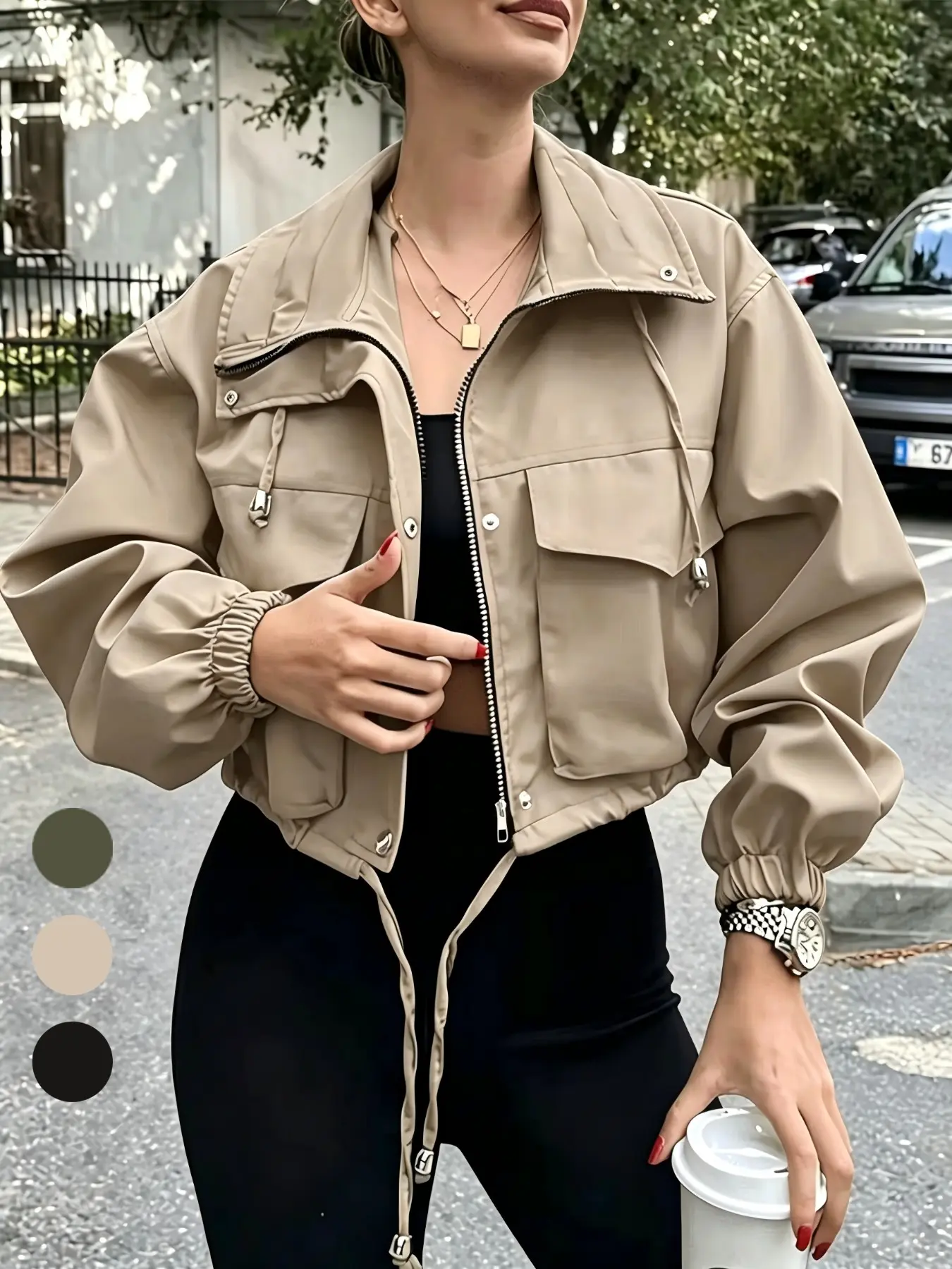 Women's Short Work Jacket, Loose Drawstring Casual Unlined Jacket, Plain Style with Pockets