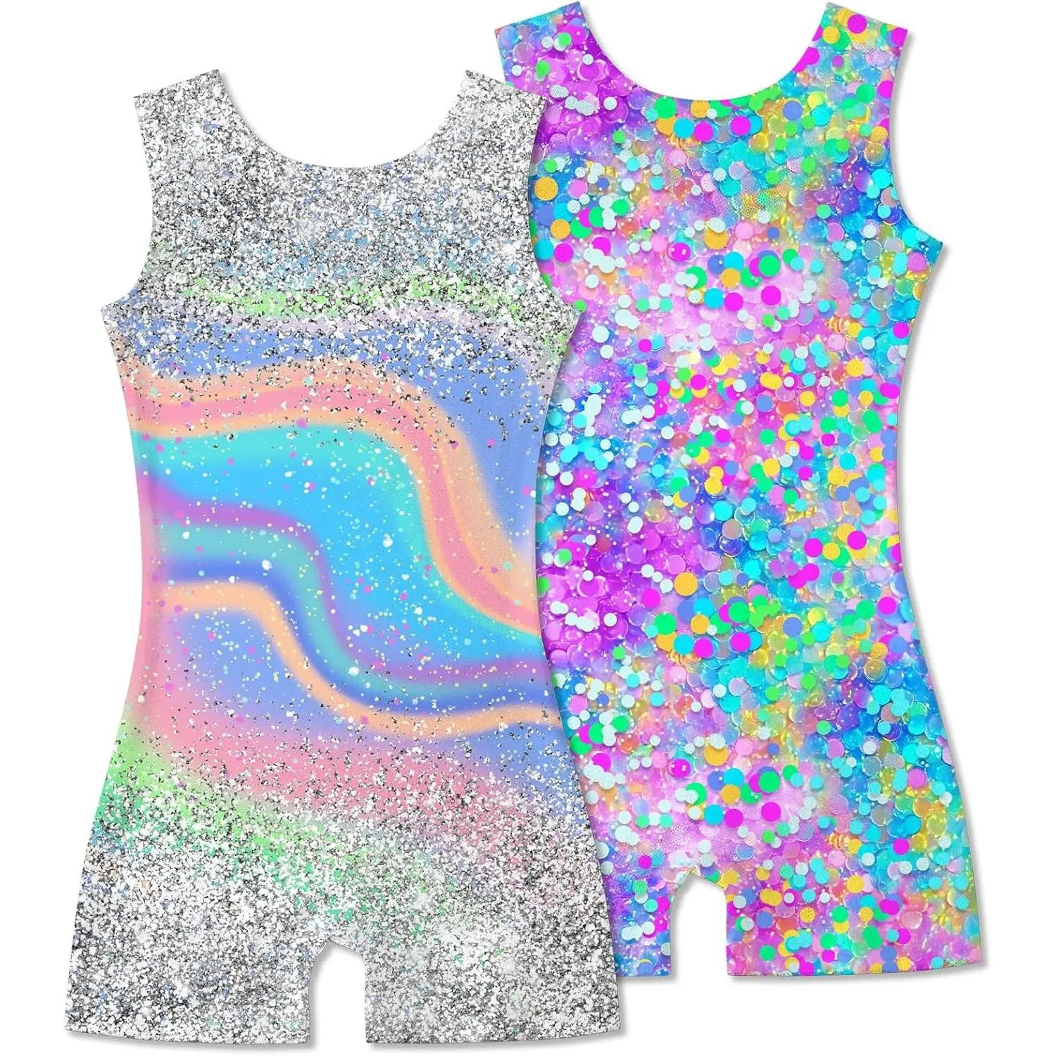 2 Packs Gymnastics Leotards for Girls Kids Biketard with Shorts | Sparkly Sleeveless Unitards, Stretch Fabric, Comfortable Fit, Kids Bodysuit, Athletic Dance Wear, For Tumbling Practice Dance