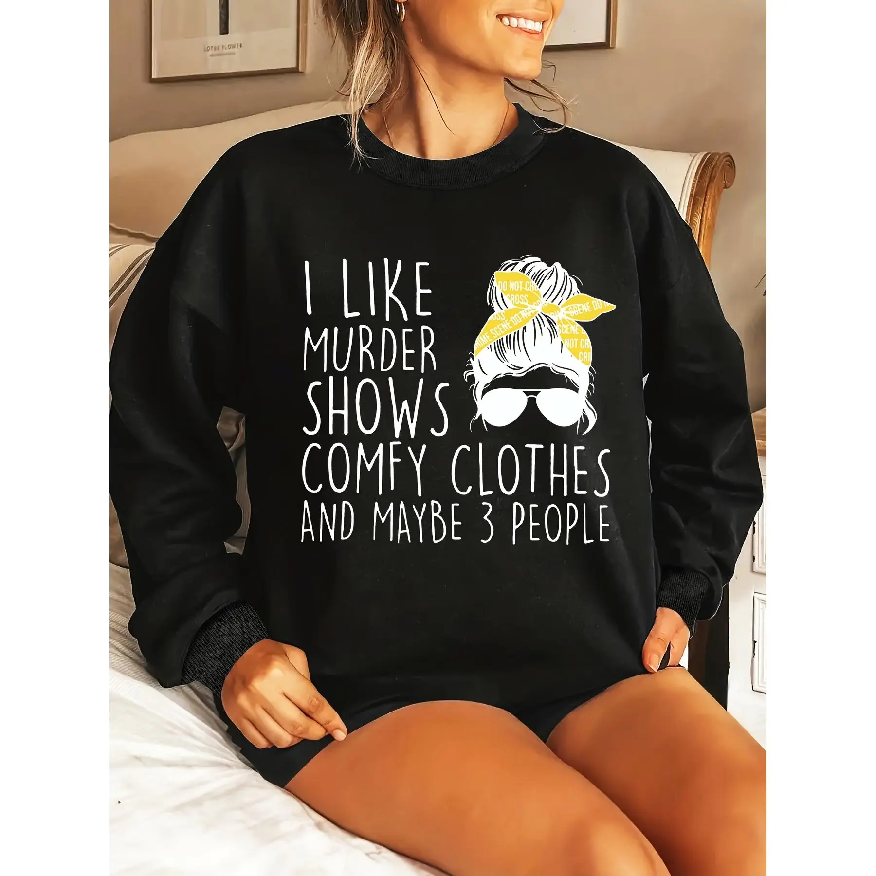 Sweatshirt with Yellow Bow and Letter Print, Oversized Round Neck Sweatshirt