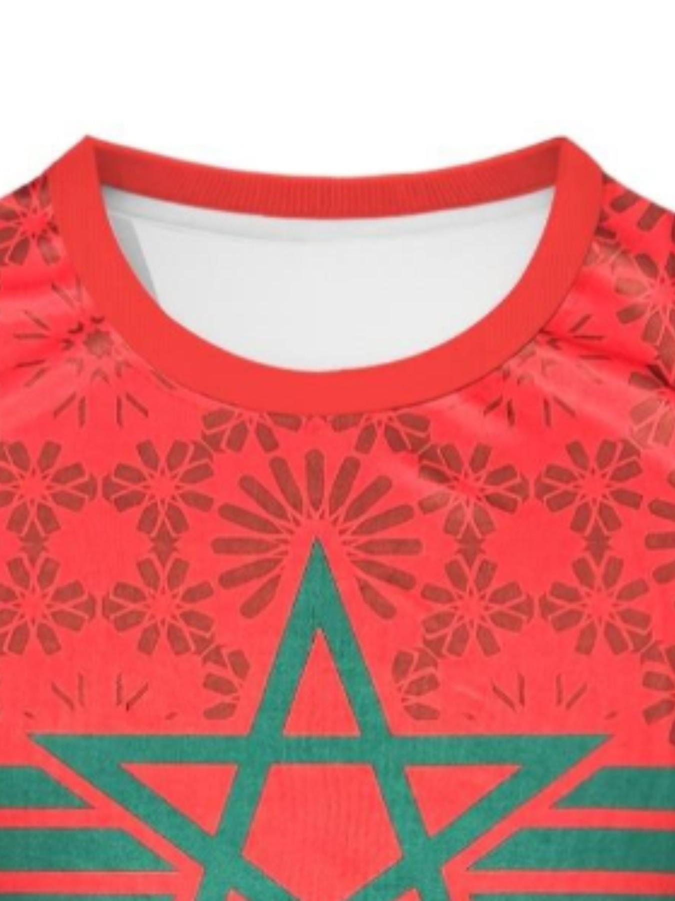 Men's Moroccan Soccer Jersey, Round Neck, Breathable Polyester Sport T-Shirt, Geometric Pattern, Slim Fit, Ideal for Casual and Outdoor Activities