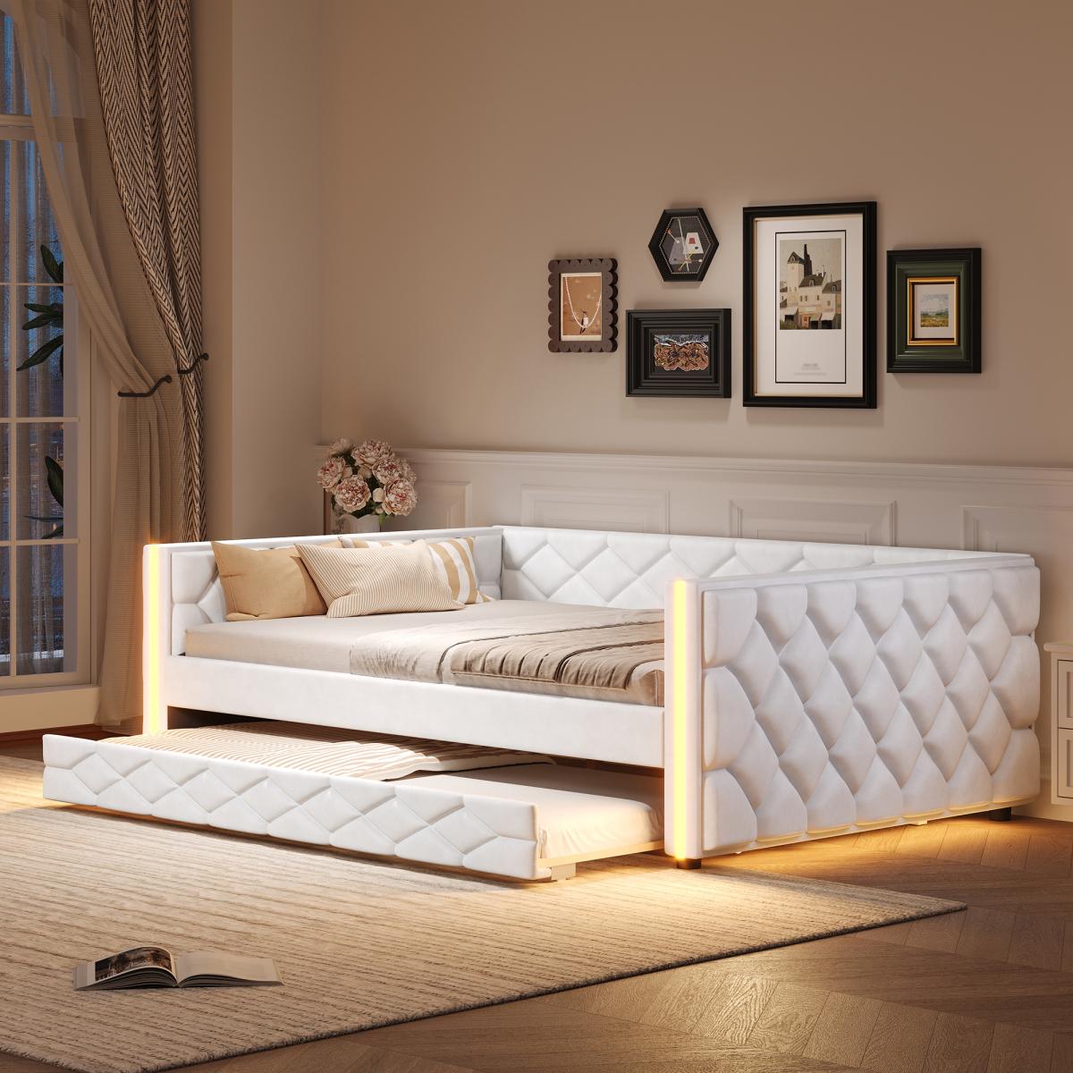 PU Leather Upholstered Daybed with Pull Out Trundle Bed, LED Light Armrests, Multi-Functional Sofa Bed, Solid Wood Frame for Guest Room