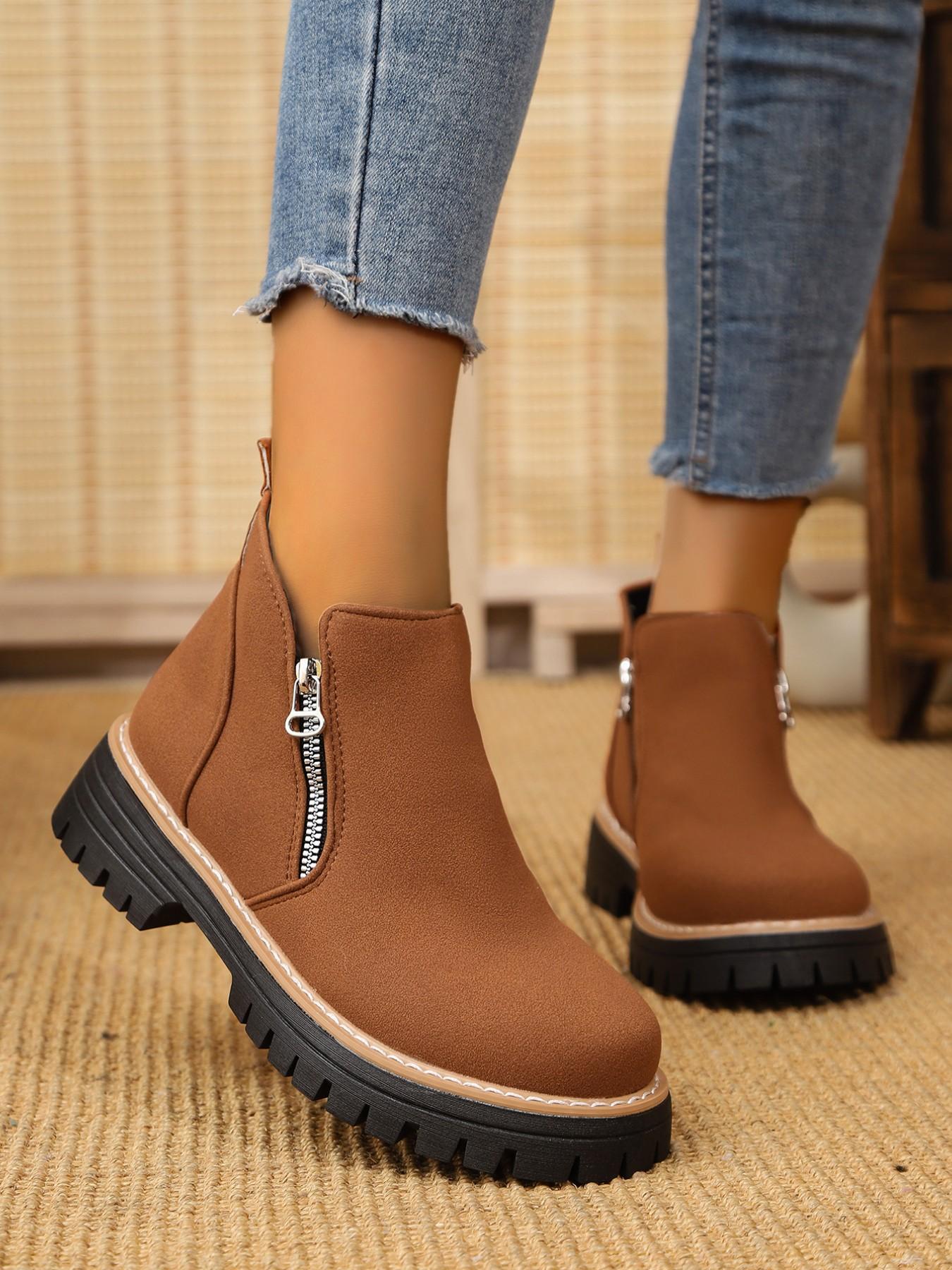 Women's Vintage Textured Thick Sole Chelsea Boots, Side Zipper Easy On/off, Height-Boosting Round Toe Short Boots, Anti-Slip Comfortable Outerwear