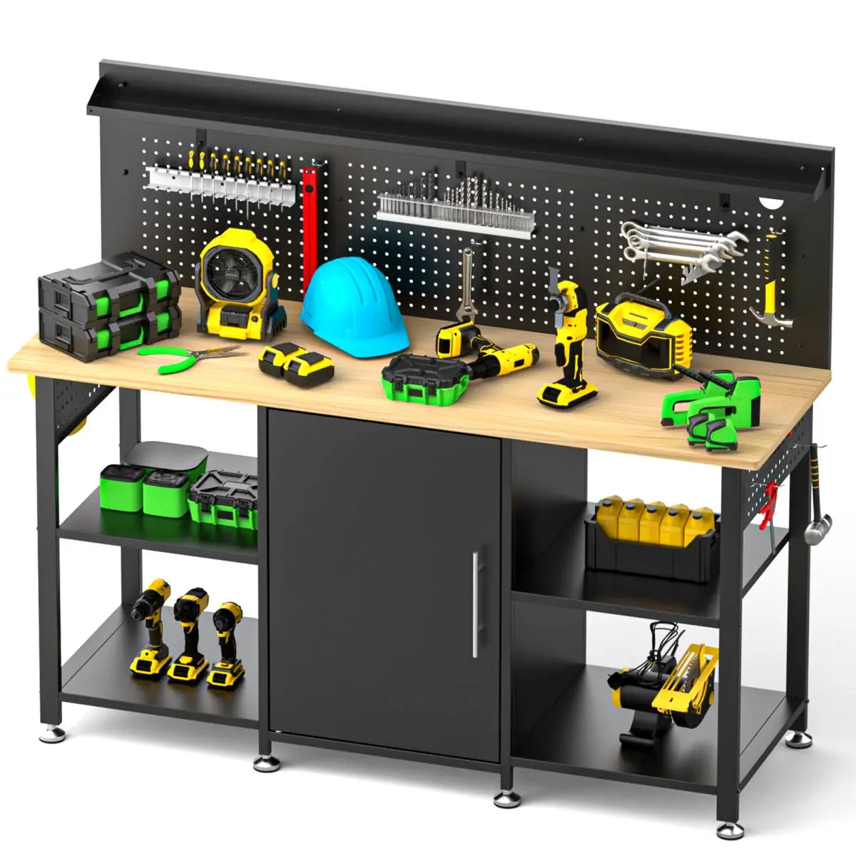 60-Inch Heavy-Duty Workbench with Solid Wood Top, Pegboard, Power Outlet, LED Light, Drawers, and Wheels or Leveling Feet for Garage and Workshop