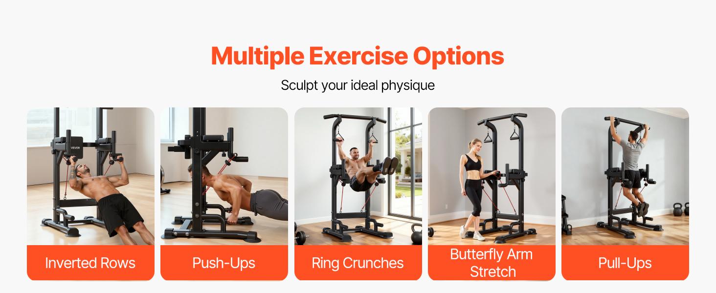 VEVOR Pull Up Bar, 330 LBS Power Tower Dip Station, Workout Dip Station with H-Shaped Stable Base Back Pad, Adjustable 12 Level Height Free Standing Chin Up Bar for Back, 4-Level Adjustable Back Pad