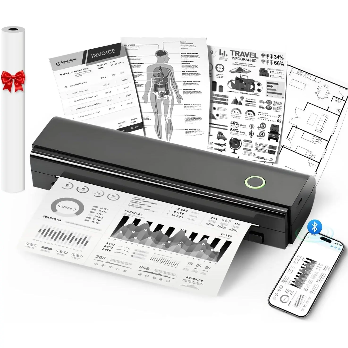 Portable Printers Wireless for Travel, N80 Bluetooth Thermal Printer |   Bluetooth Portable Inkless Printer Support 8.5" X 11" US Letter & A4, Compatible with iOS, Laptop, Android