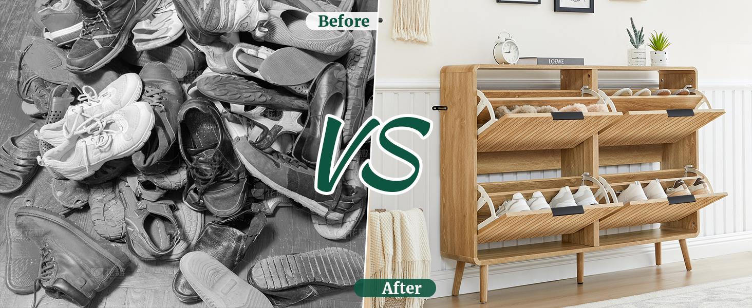 Giratree 47" Fluted Large Shoe Cabinet with 4 Flip Drawers, Slim Freestanding Shoe Cabinet Organizer, Narrow Shoes Storage Rack for Entryway, 5 Sturdy Legs