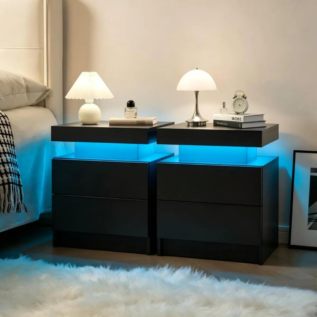 White Modernism 2-Piece Walnut LED Nightstand Set – Bedroom Side Tables, Particle Board Floating Look Layered Frame End Table, 2 Drawers, RGB Light, App & Remote Control, Easy Setup Bedside Cabinet for Bedroom, Living Room
