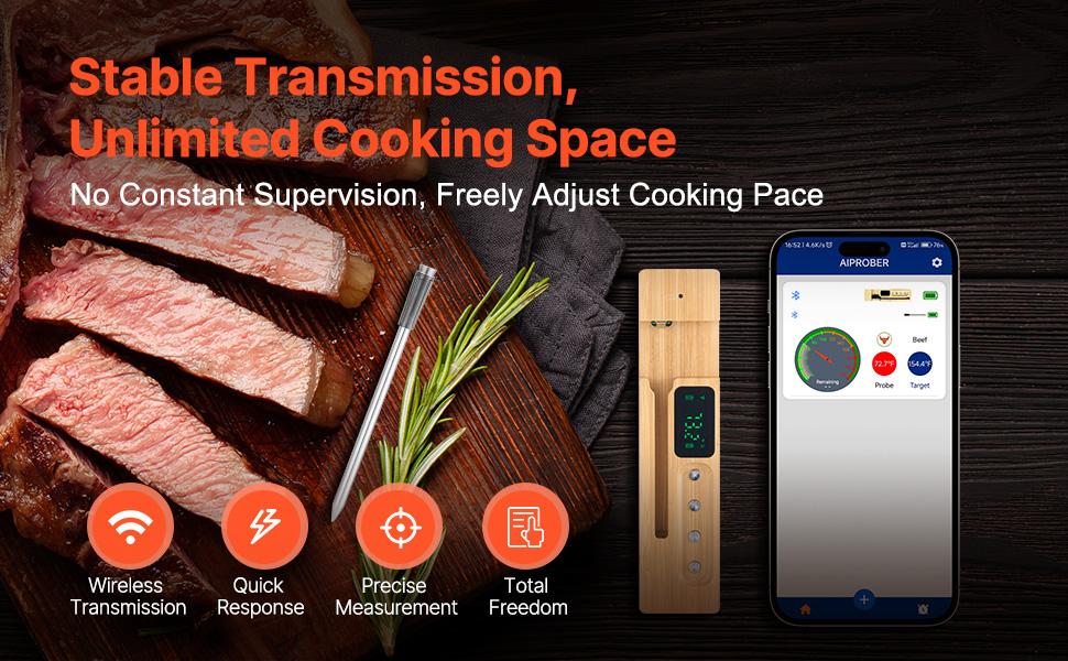 VEVOR Wireless Meat Thermometer, 500 ft Range Wireless Bluetooth Meat Thermometer, Digital Cooking Food Meat Thermometer, Waterproof Smart Meat Probe with One Probe, for Grilling, Smoker, BBQ Oven