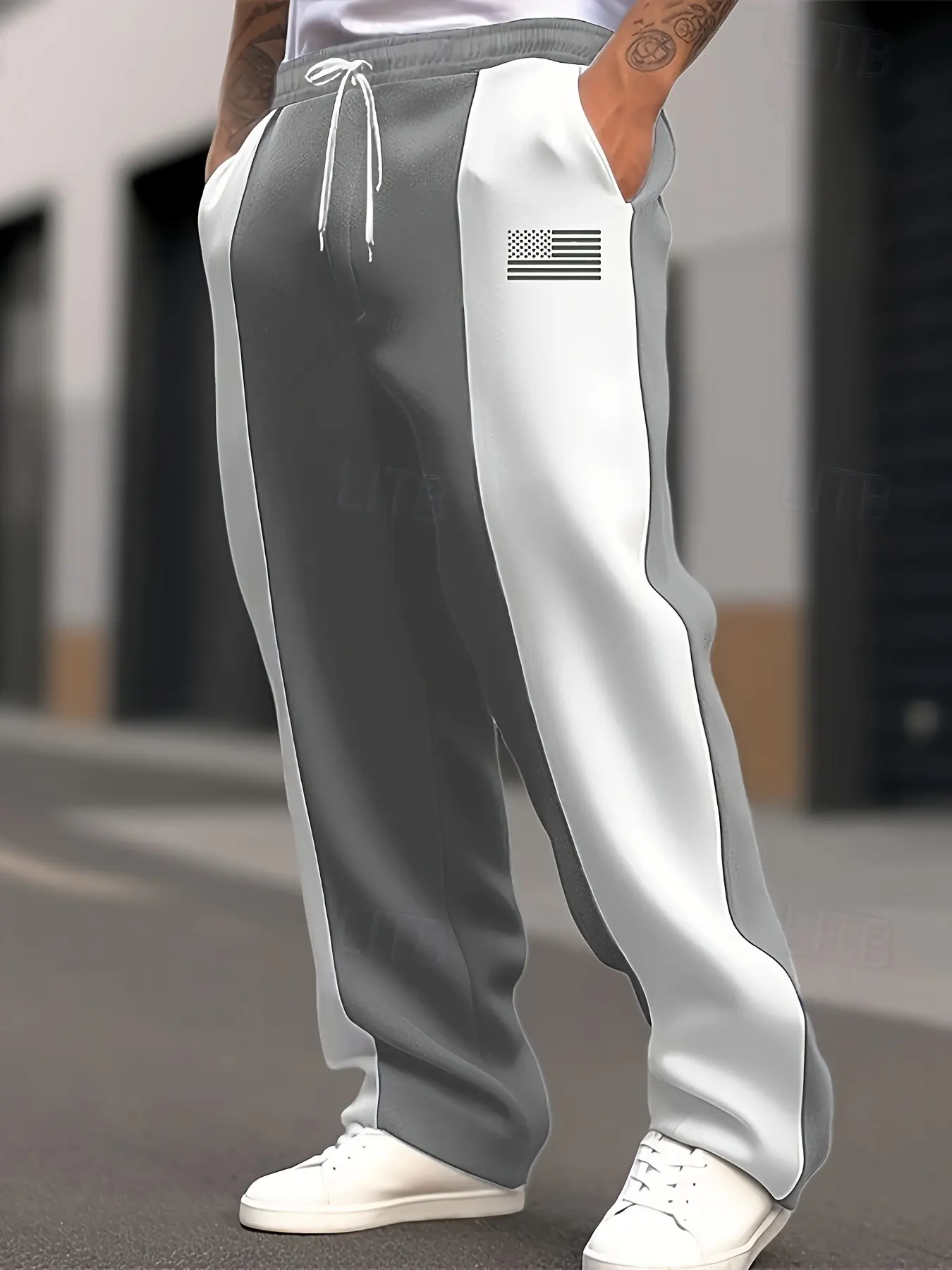Men's Patchwork Streetwear Pants, Colorblock Design, Comfortable Fabric, Drawstring Waist, Loose-Fit Straight Leg, Casual All-Season Style