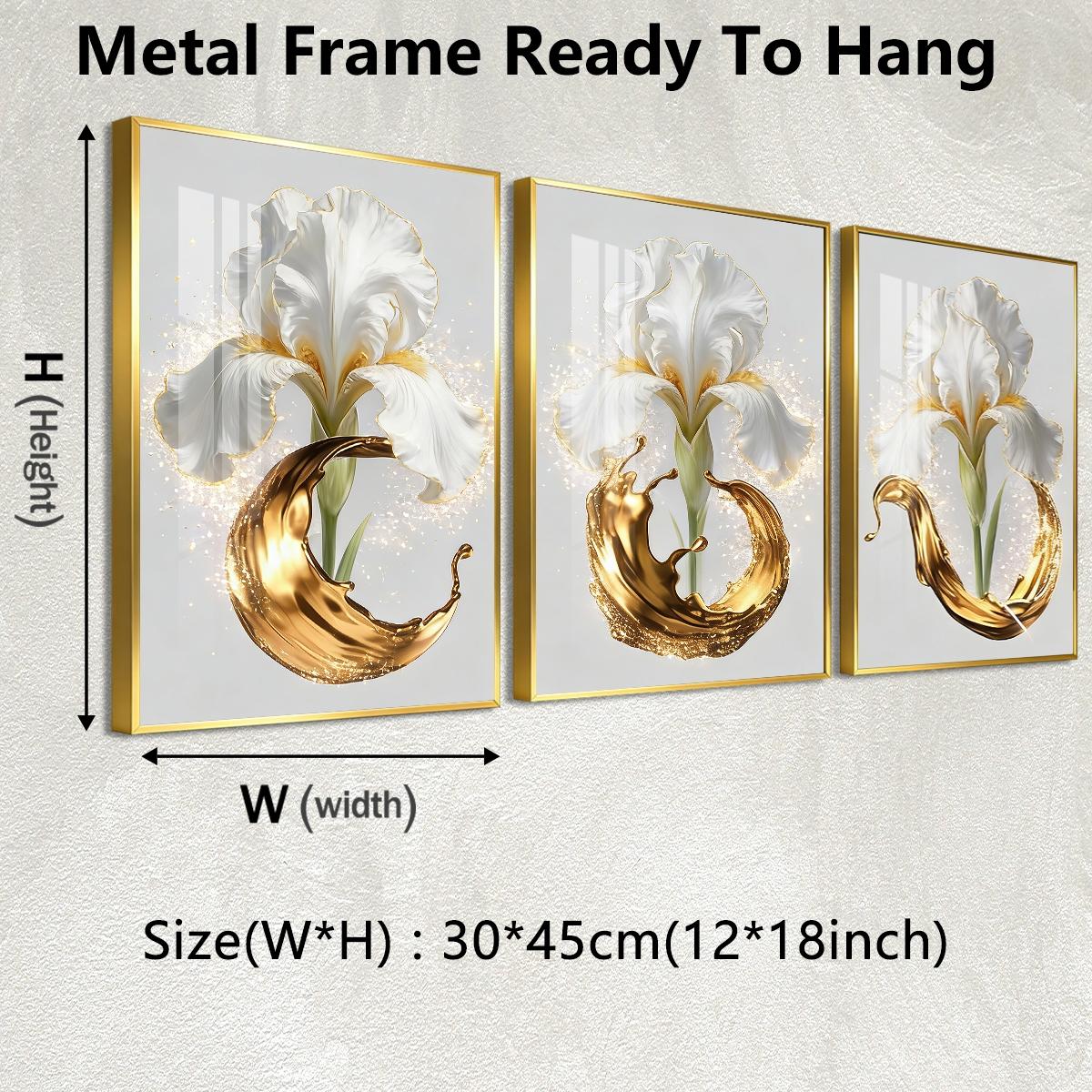 3 Counts Aluminum Alloy Framed Painting, Elegant White Iris And Golden Splash Art Pictures, Home Decoration For Living Room, Bedroom, Office, Restaurant, Hallway Wall Decor, Odorless Print Artwork, Luxury Perfect Gift For Friends And Family