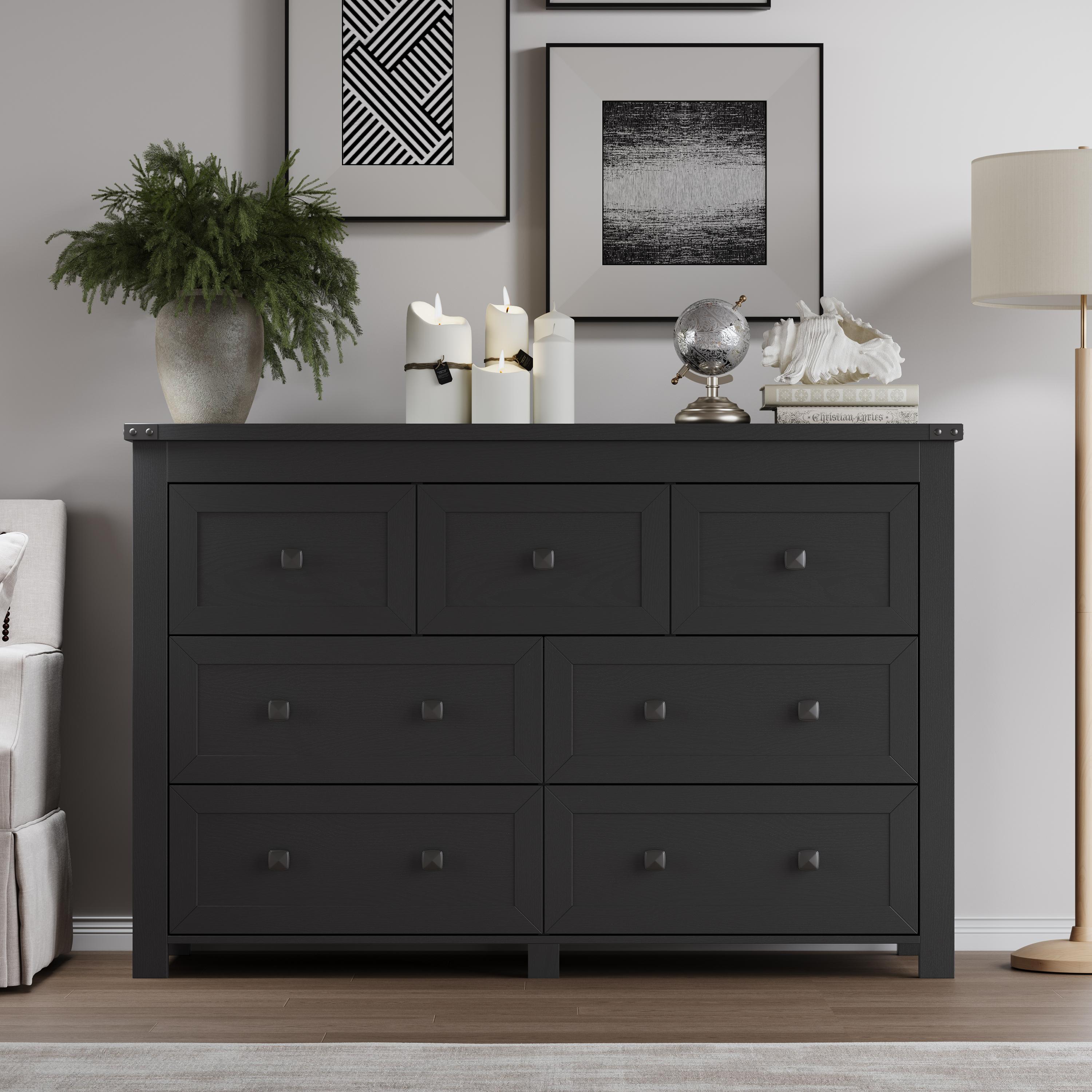 Bedroom Dresser，Farmhouse wooden drawer cabinet with 7 drawers, wide TV stand with metal handles for storage furniture, modern clothing organizer for hallway, living room, entrance, brown