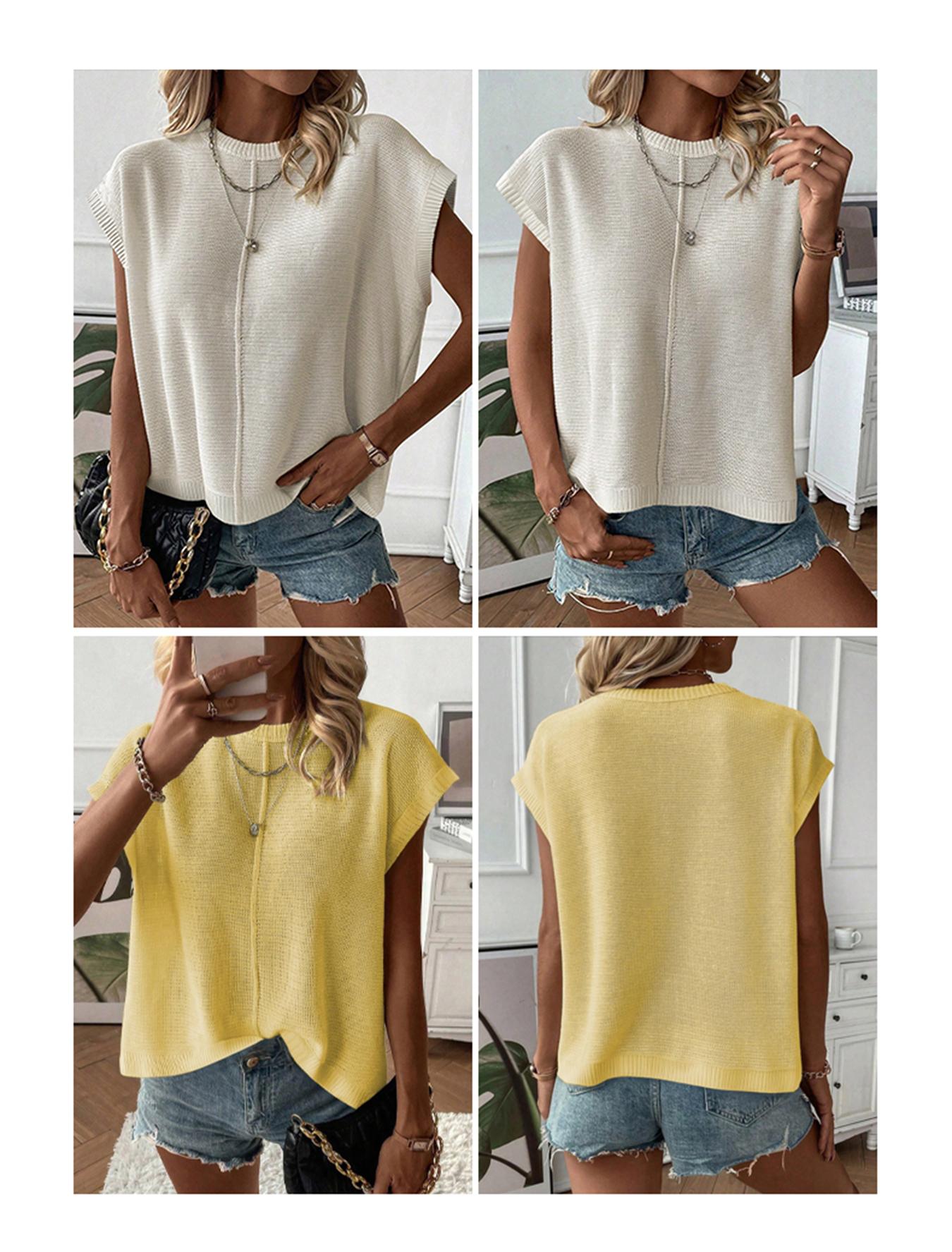 Spring Summer Elegant Versatile Knit Top, French Commute Casual Women's Round Neck Plain Hollow Out Loose T-Shirt