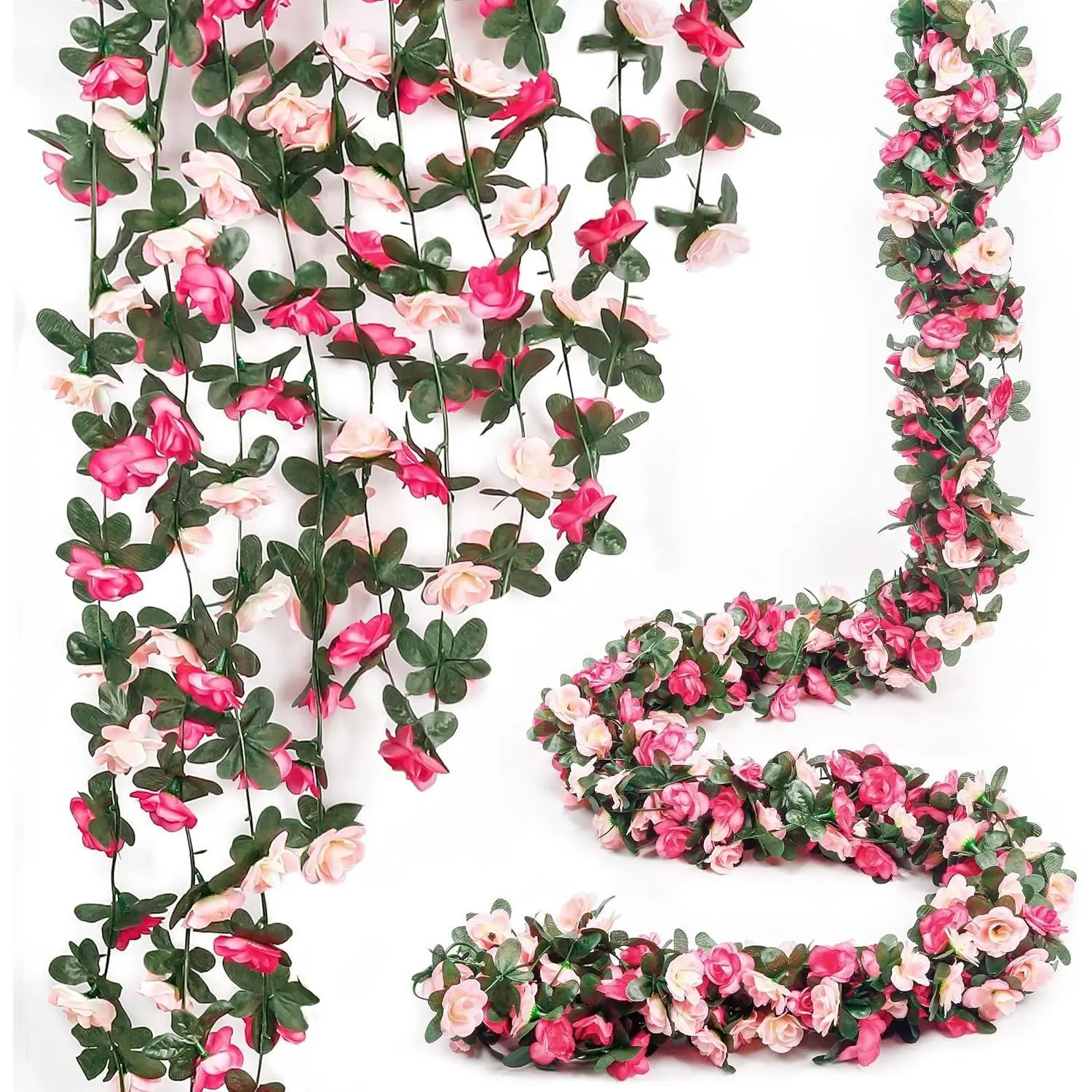3Pcs 41FT Pink Artificial Rose & Eucalyptus Garland - Flower Design, Color-Coordinated Bouquet-Shape, Indoor Home Decor, Wedding Arch Backdrop, Floral Decor, Greenery Artificial Flowers