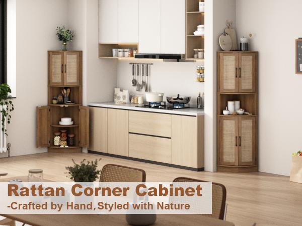 PieDle Furniture Tall Bohemian Rattan Corner Storage Cabinet - 4 Doors, 5 Shelves, 64.7" Height, Ideal for Living Room, Kitchen, Bathroom & Office Organization