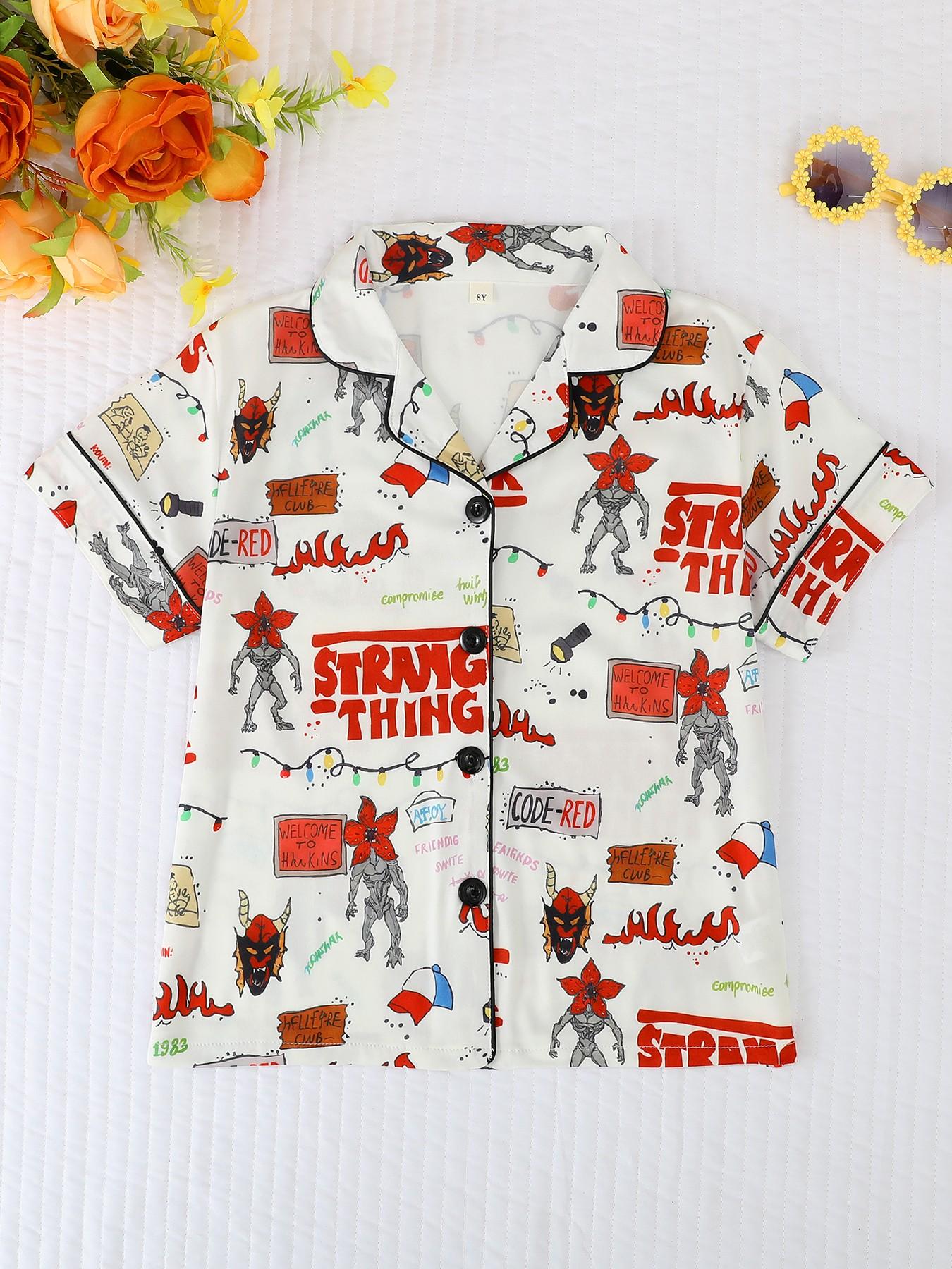 Kids Pajama Set, Cartoon Monster Pattern, Fashion Open Cardigan, Short Sleeve, Flame Retardant, All Seasons, Party Gift Set