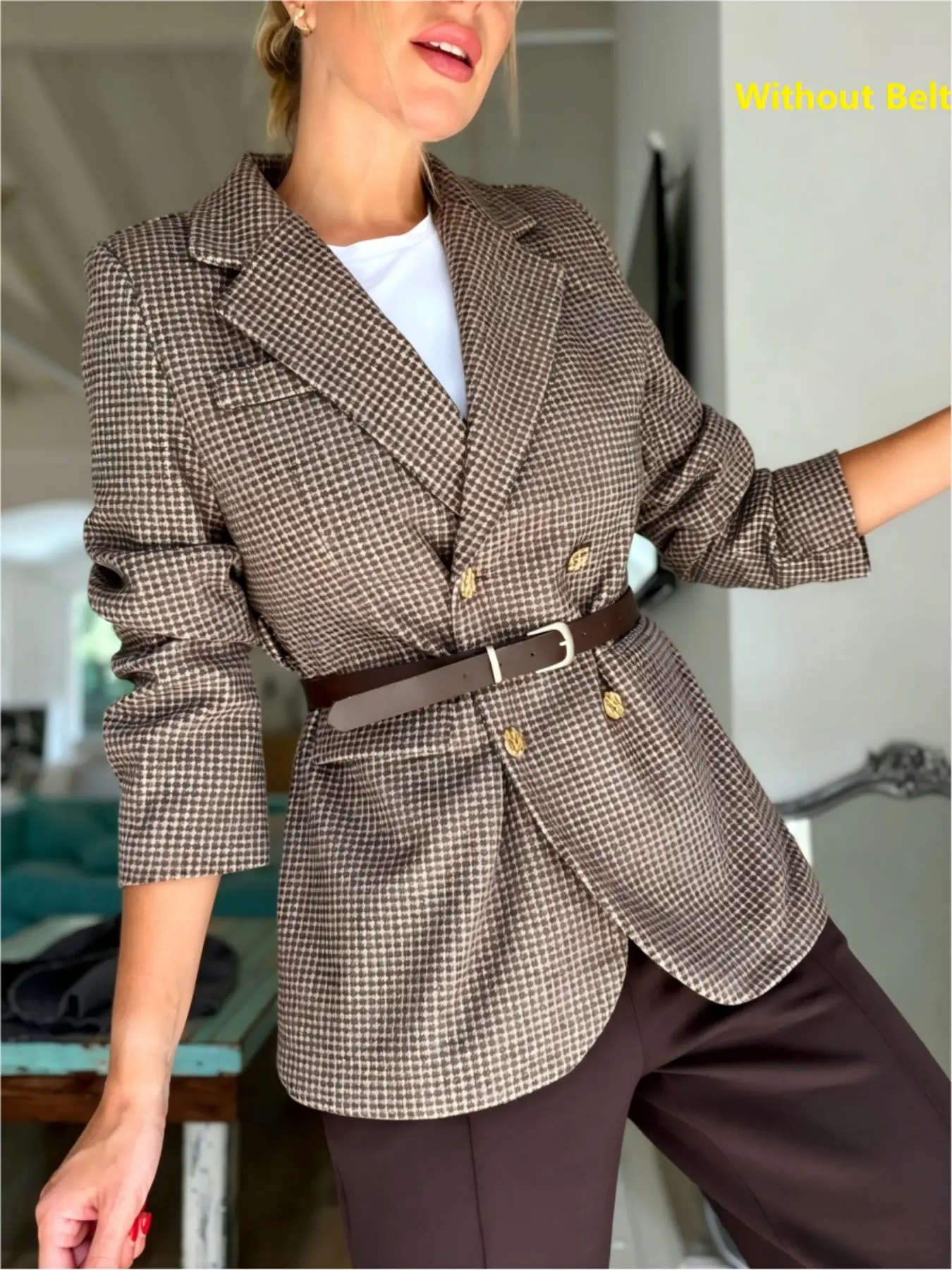 2026 Spring Summer New Retro Checkered Double Button Blazer, Loose Fit Slimming Medium-Length Suit Jacket, Commuter Style (no Belt)