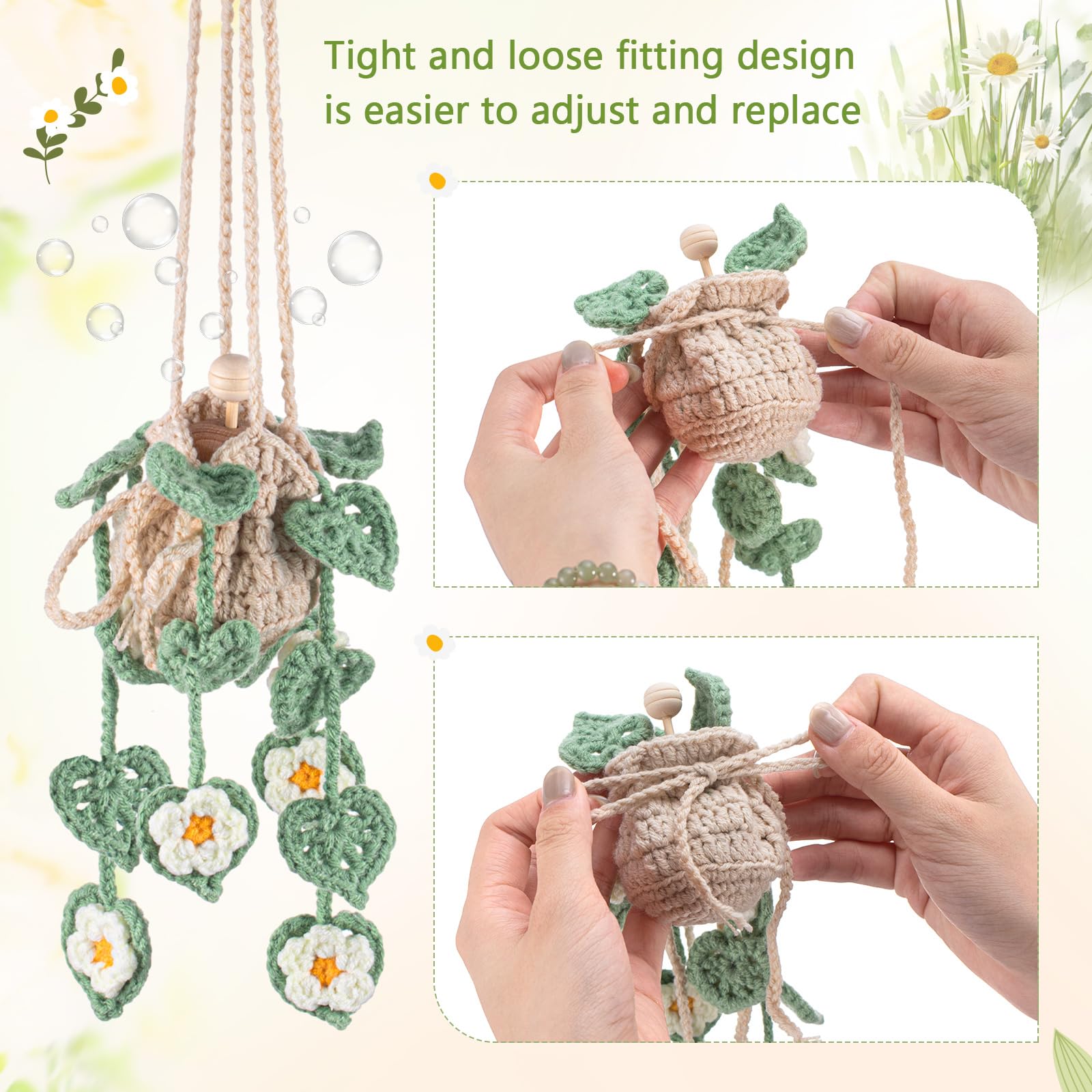 Cute Crochet Plant Design Car Hanging Crochet Car Air Freshener 12ml Empty Refillable Car Diffuser Bottle with Cute Potted Plants  Accessories Essential Oil Diffuser for Girlfriend family Gift Car Decor Decoration  Springtok