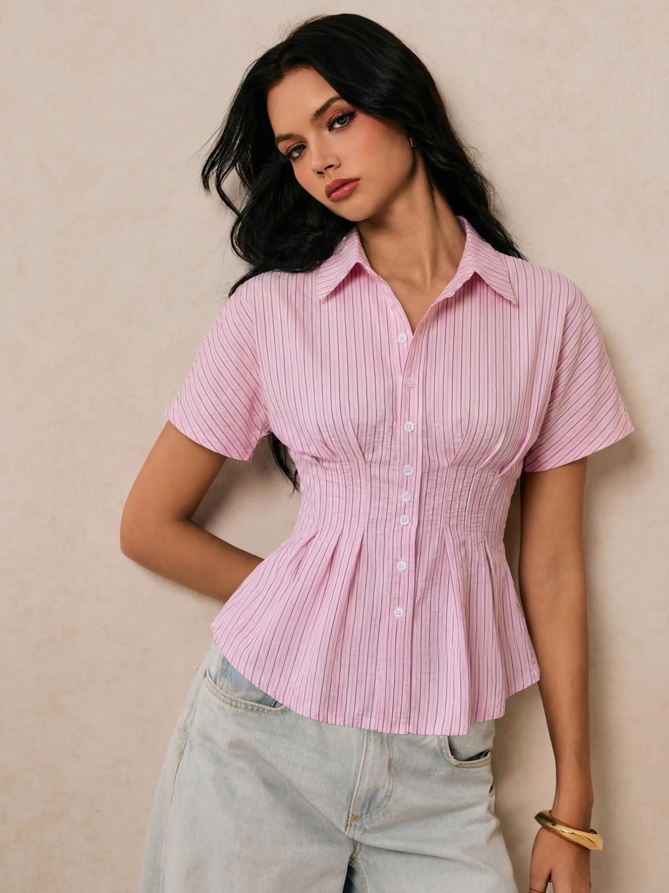 Women's Striped Aesthetic Shirt Blouse, Casual Short Batwing Sleeve Collar Top for Daily Wear, Ladies Clothes for Work Office Business Womenswear Women's Striped Aesthetic Shirt Blouse, Casual Short Batwing Sleeve Collar Top for Daily Wear, Ladies Clothes for Work Office Business Womenswear