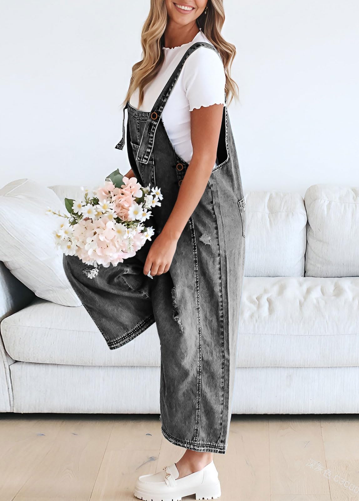 Chouyatou Women Loose Adjustable Strap Denim Bib Overall Jeans Distressed Wide Leg Baggy Overalls Jumpsuit SpringStatements Chouyatou Women Loose Adjustable Strap Denim Bib Overall Jeans Distressed Wide Leg Baggy Overalls Jumpsuit SpringStatements