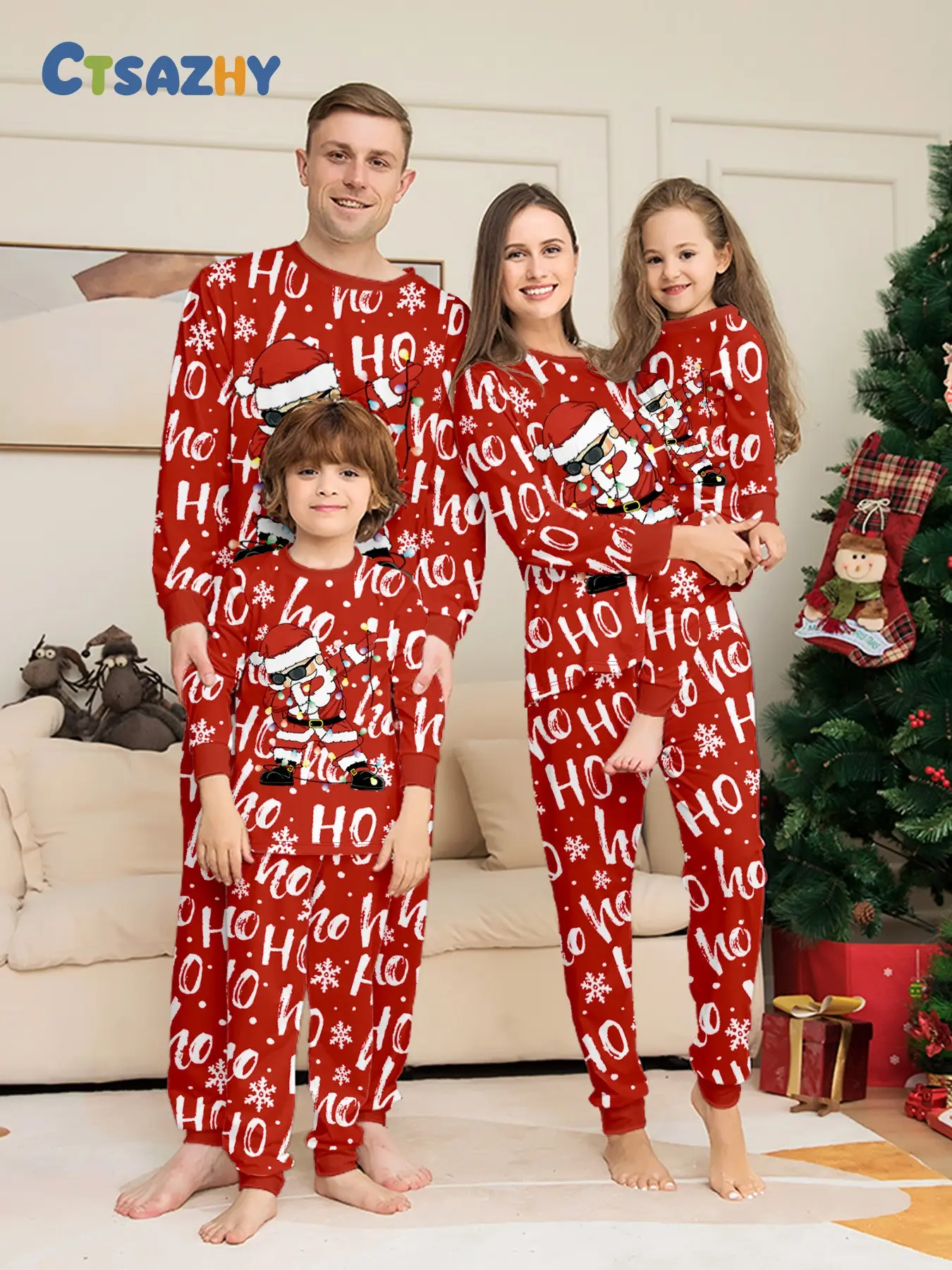 European Style Christmas Print Family Four Matching Long Pajama Two-Piece Set, Hot Sale Festive Outfit