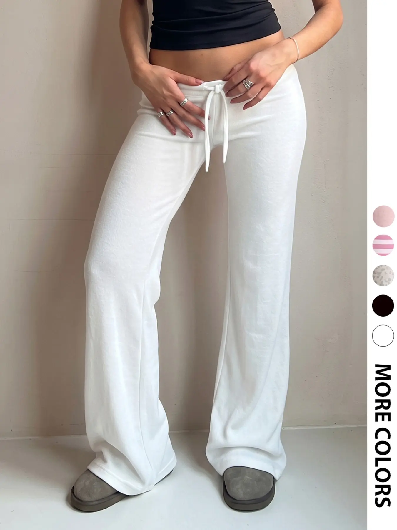 Women White Low Waist Drawstring Flared Pants, Casual Trendy Versatile, Soft Stretch Floor Length Bootcut Trousers, Casual Solid Color Slim Flare Sweat Pants, Y2K Coquette Lazy Streetwear Bottoms, Daily Lounge Fashion Pants For Teen Girls