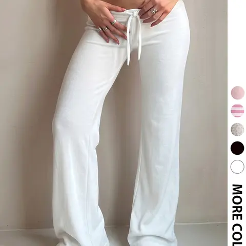 Women Low Waist Drawstring Flared Pants, Soft Stretch Fabric Floor Length Bootcut Trousers, Casual Solid Color Slim Sweat Pants, Y2K Coquette Streetwear Bottoms, Daily Lounge Fashion Pants