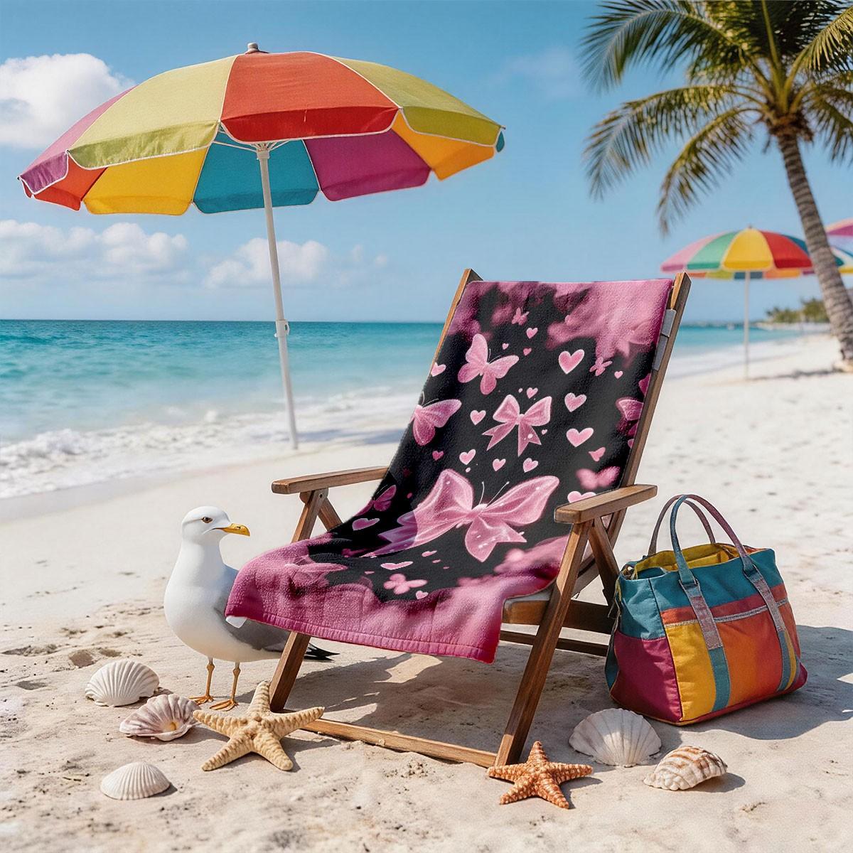 A Black Pink Gradient Bow Butterfly Heart All-over Printed Beach Towel - Oversized, Skin-friendly, Absorbent and Quick-drying, Perfect for Beach and Pool Leisure, Ideal for Summer Trips - Suitable for Seaside Vacations, Pool Parties and Outdoor Picnics