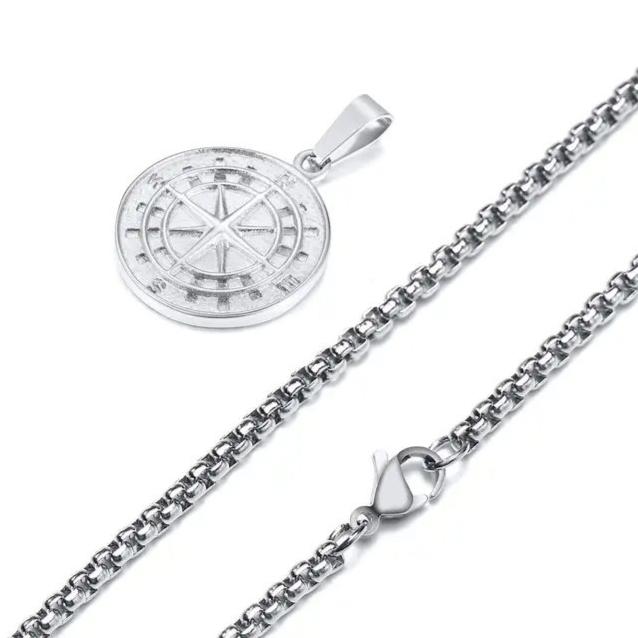 Silver Color Mens Compass Necklaces,Vintage Viking North Star Anchor Medal,Stainless Steel Pendant for Male Boyfriend Dad Gift