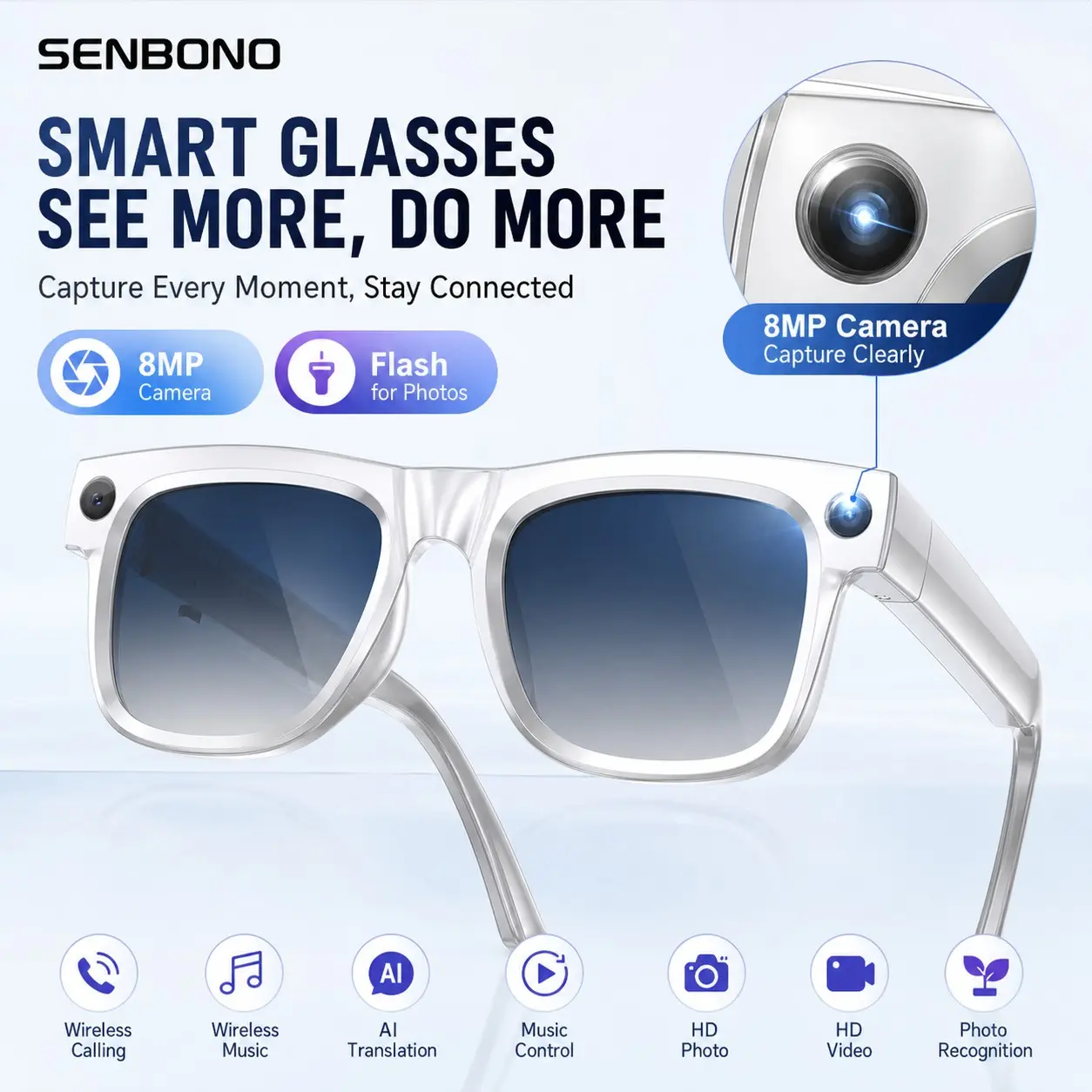 SENBONO 8mp Smart Voice Glasses, Bluetooth-compatible Audio & Camera, Ai Photo Instructions, Time Weather Q&a, Ideal for Smart Living & Travel
