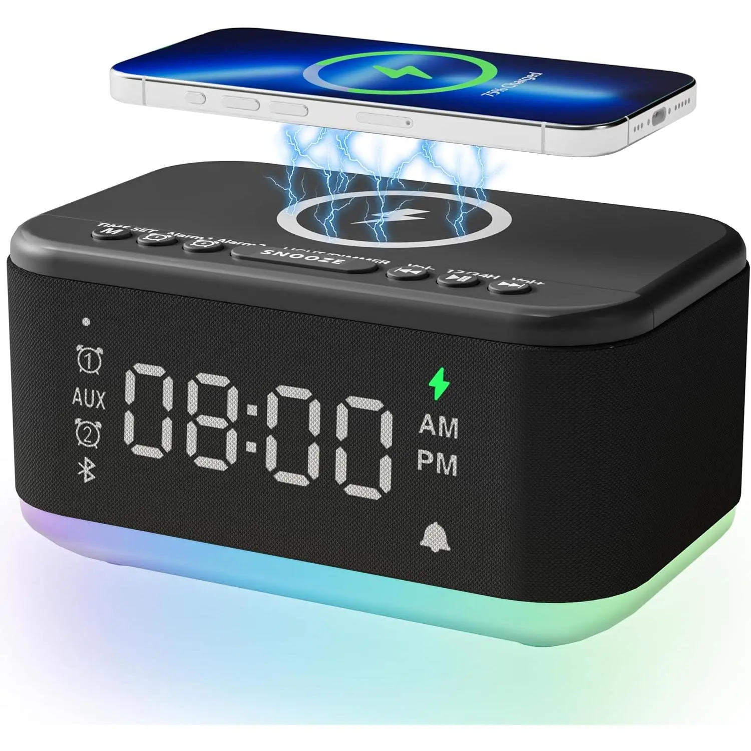 Clock Speaker  Charger, Digital  Clocks Bedrooms ,  Clock Dimmable Light Bedrooms   Snooze Dimmer 12 24H RGB Night Light  USB AUX, Black