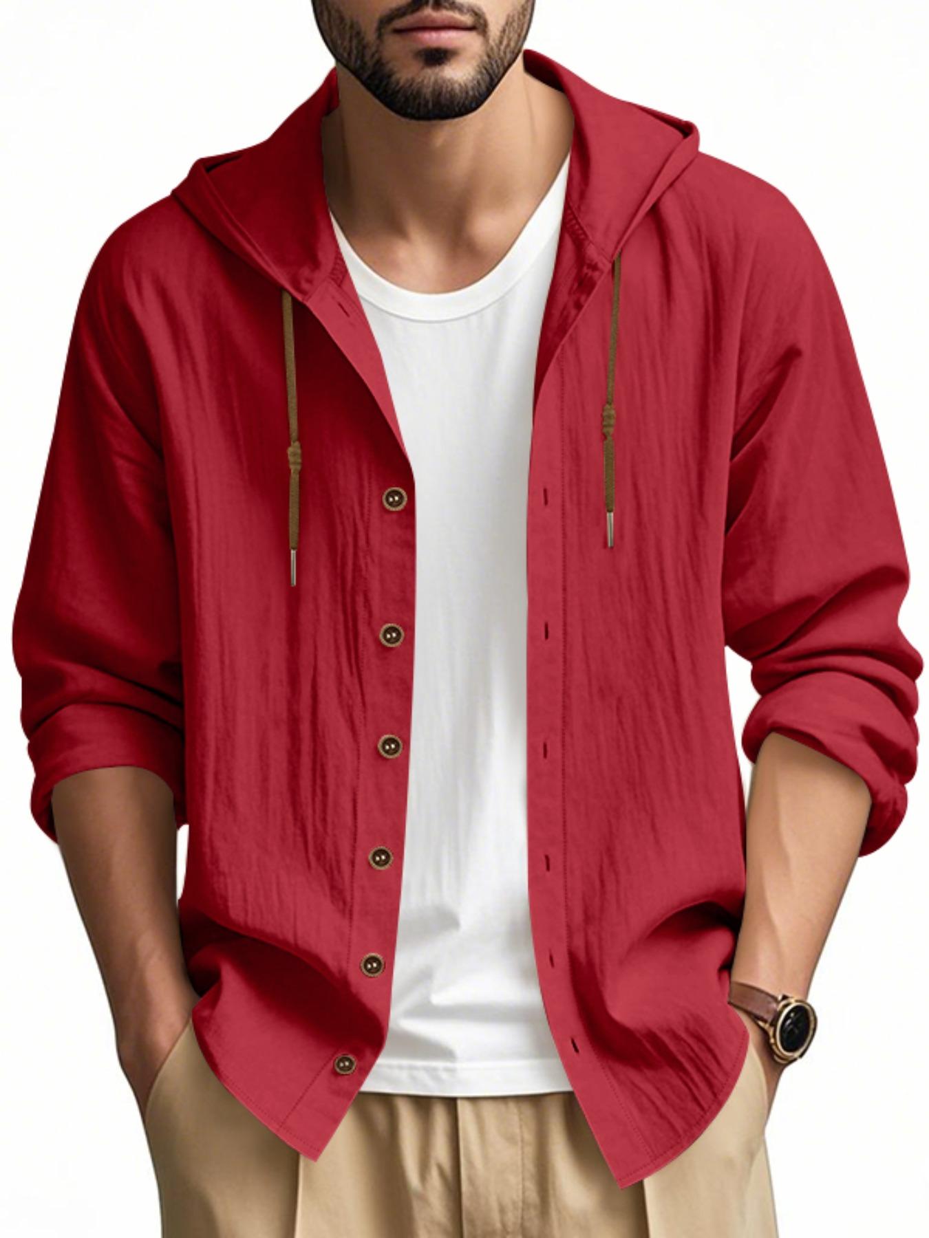 Hooded Linen Long Sleeve Shirt Jacket, Hawaiian Style Casual Loose Fit, Drawstring & Button Design, Spring & Fall Fashion, Beach Vacation Essential