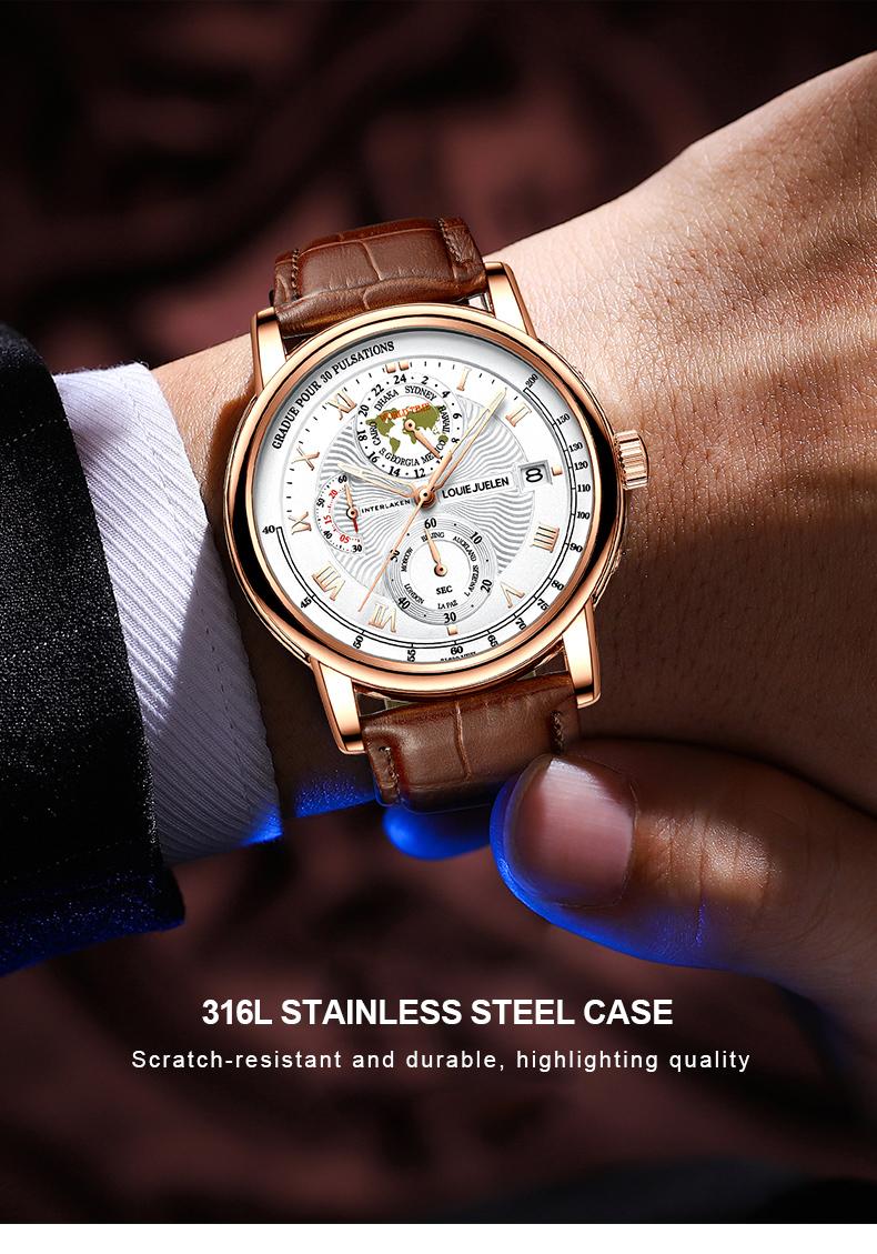 Men's Watch Original Movement LOUIEJUELEN Swiss Brand with Luminous Date Display Function 3ATM Waterproof Sapphire Crystal Artificial Leather Strap Multi-Function Chronograph Suitable for Work Occasions