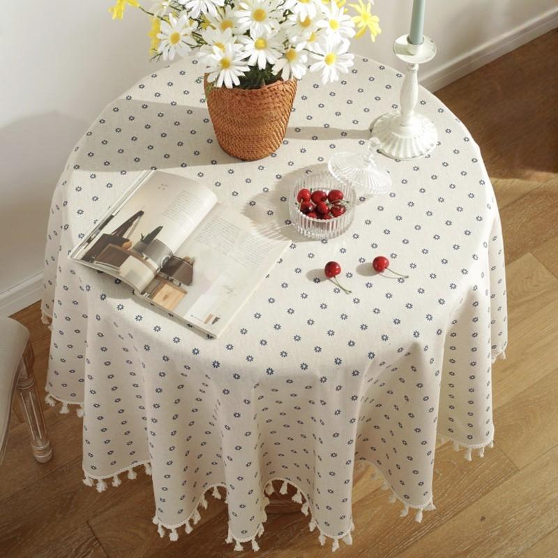 1pc Spring Summer Blue Floral Round Tablecloth, Elegant Fringe Design, Rustic Country Style, Perfect for Home Kitchen, Parties, Weddings
