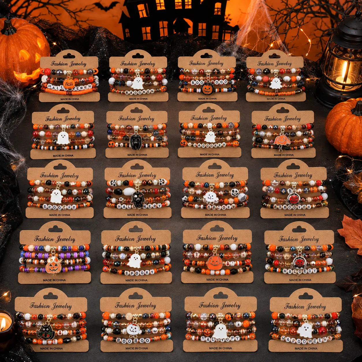 Multilayer Halloween Bracelets Set, 4Pcs/5Pcs/6Pcs Colorful Handmade Elastic Polymer Clay Beaded Bracelets Charm Pumpkin Cute Ghost Spider Black Cat Pendants Beaded Bracelet Holiday Costume Jewelry Party Supplies Gift