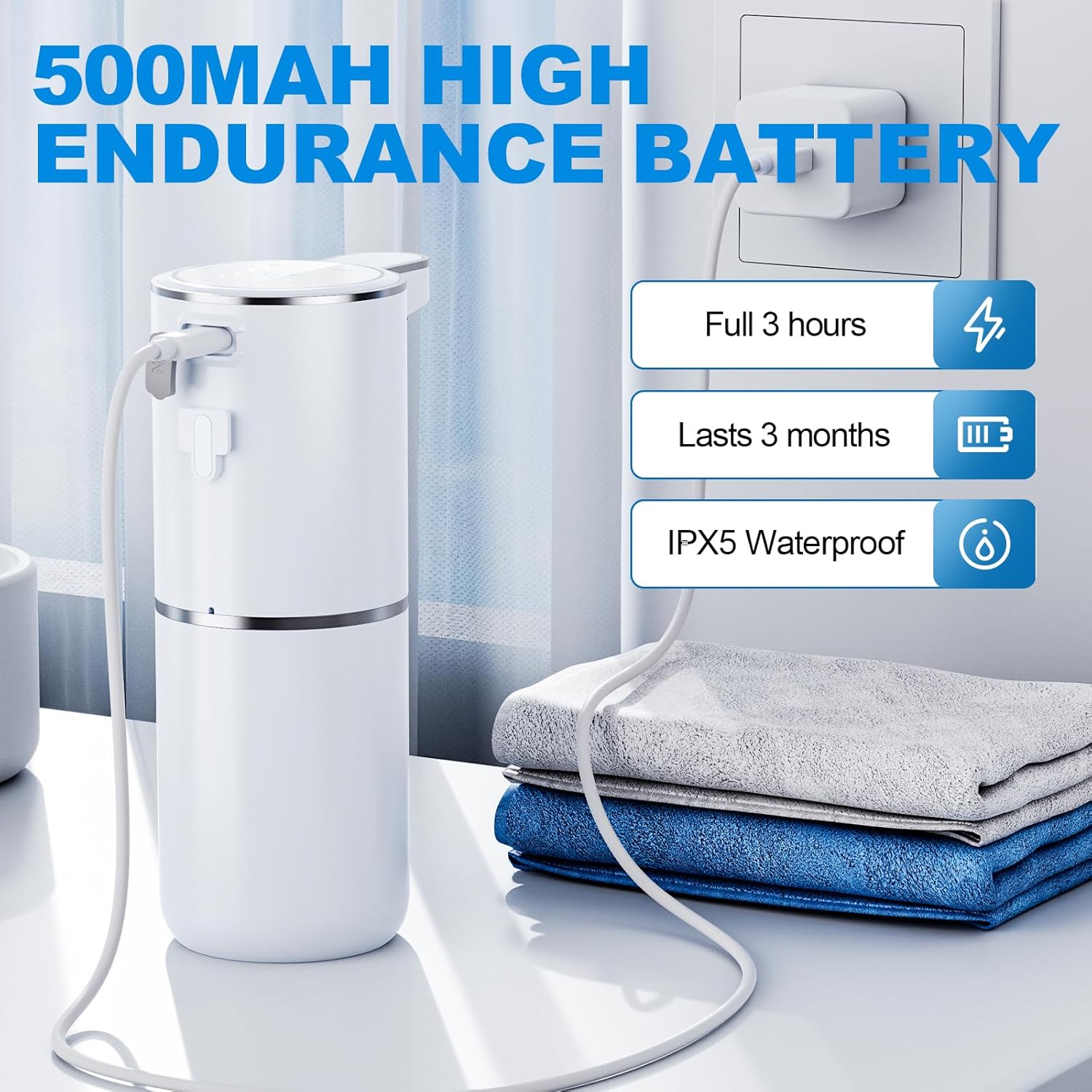 Automatic Foaming Soap Dispenser Touchless, USB Rechargeable Smart Hand Soap Dispenser, 6-Level Adjustable, 12.8oz/380mL Wall Mounted for Bathroom Kitchen Dish Soap-White