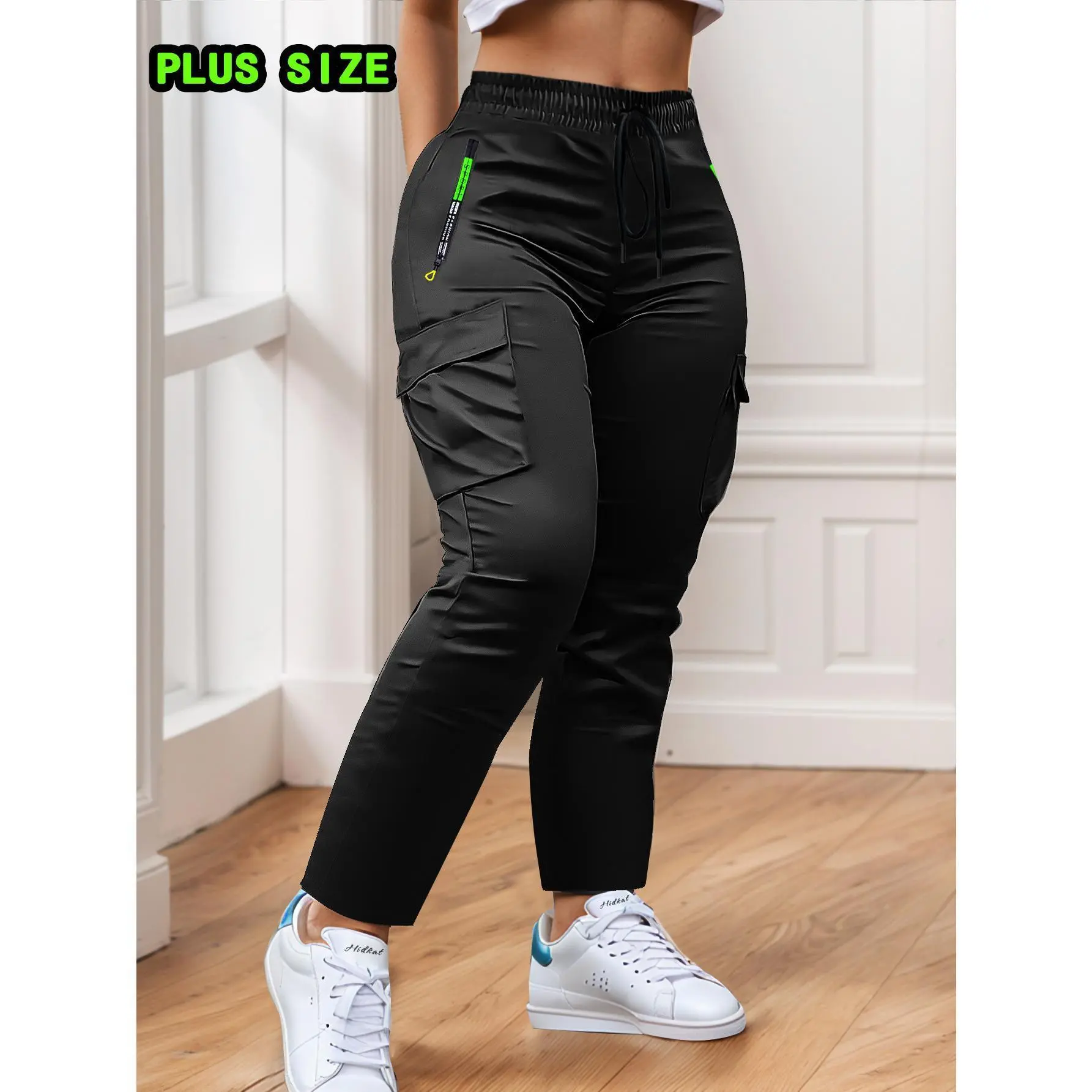 Women's Plus Size Black Cargo Pants, Breathable Outdoor Fabric with Elastic Drawstring Waist, Multi-Pocket Zipper Design & Straight Leg Loose Fit, Perfect for Hiking, Workwear, Fitness, Running & All-Day Casual Comfort