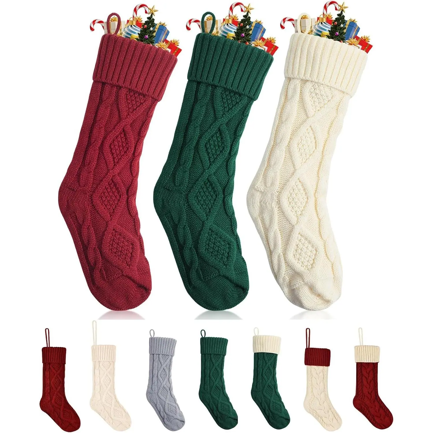 Cable Knit Christmas Stockings, 18 Inch, 3 Pack, Premium Acrylic Yarn, Cozy Holiday Stockings for Mantel Décor, Fireplace Hanging Stuffers