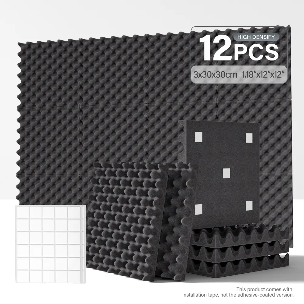 Black Egg Crate Acoustic Foam Panels, 12-Pack, 12"×12"×1.18" High-Density Fire-Resistant Sound Absorbing Foam for Recording Studio Noise Control