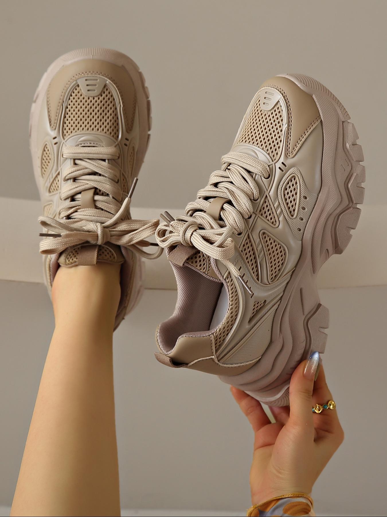 Thick Sole Casual Shoes, Flat Mesh Sneakers, All Seasons Round Toe Lace-Up Dad Shoes, Sizes 36-41 Available