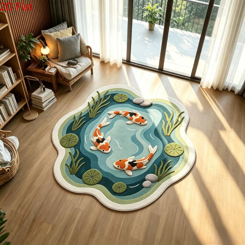 Koi & Lotus Pond Pattern Plush Area Rug, Home Decor Rugs, Decorative Rug, Special-Shaped Non-Slip Washable Floor Mat for Bedside, Sofa and Coffee Table, Bedroom Rugs